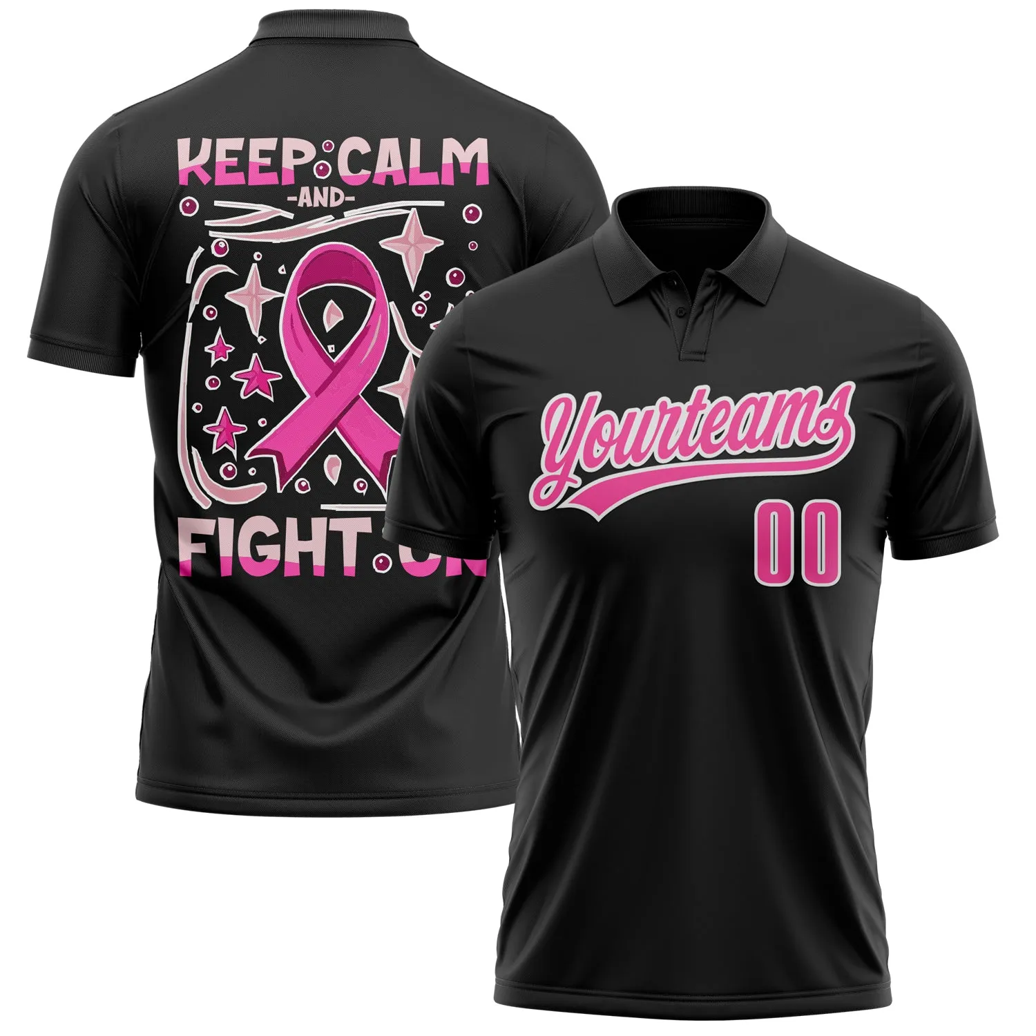 Custom Black Pink-White 3D Pink Ribbon Keep Calm And Fight On Breast Cancer Awareness Month Women Health Care Support Performance Polo Shirt