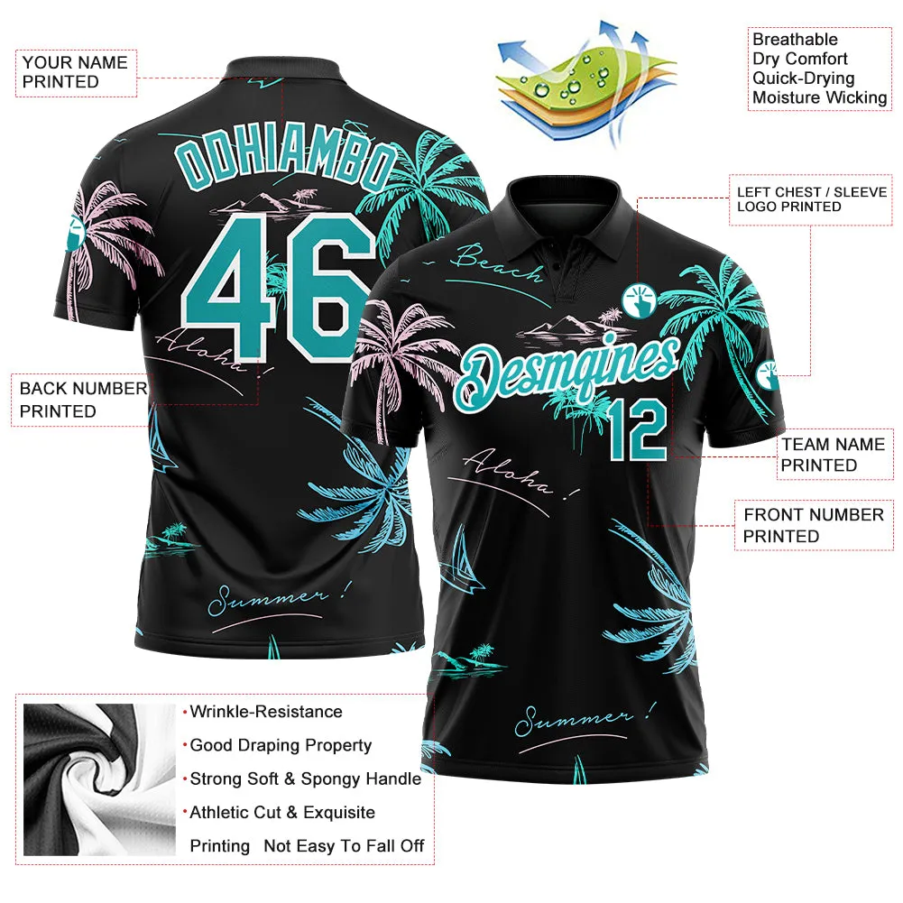 Custom Black Teal-White 3D Pattern Design Hawaii Palm Trees Performance Golf Polo Shirt