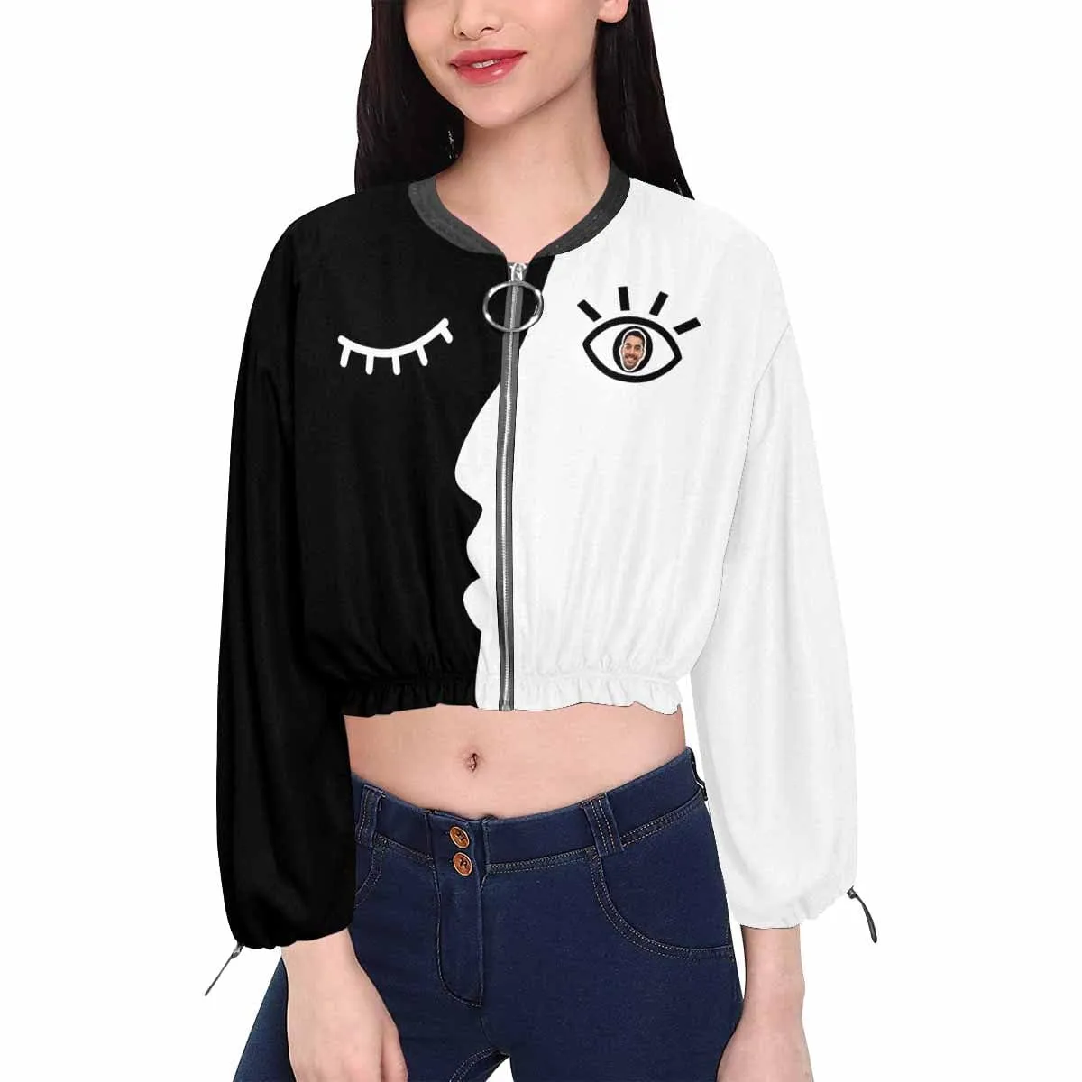 Custom Face Eye Black White Women's Cropped Jacket Chiffon Jacket