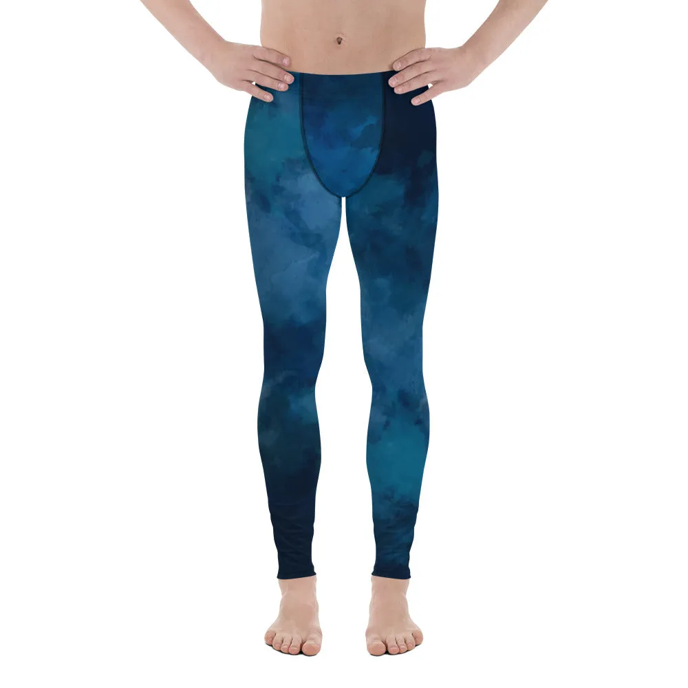 Deep Blue Tie Dye Meggings, Abstract Premium Men's Workout Gym Run Tights-Made in USA/EU