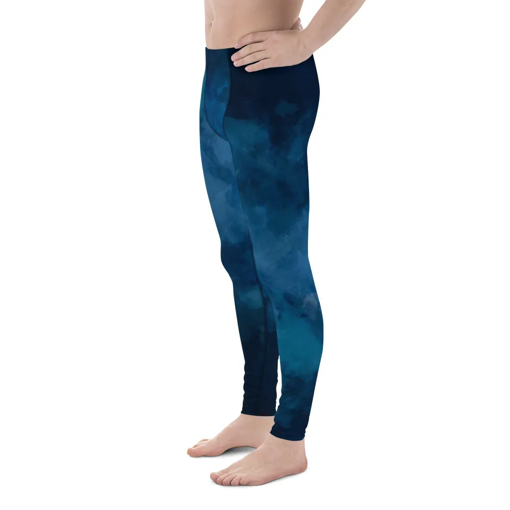 Deep Blue Tie Dye Meggings, Abstract Premium Men's Workout Gym Run Tights-Made in USA/EU