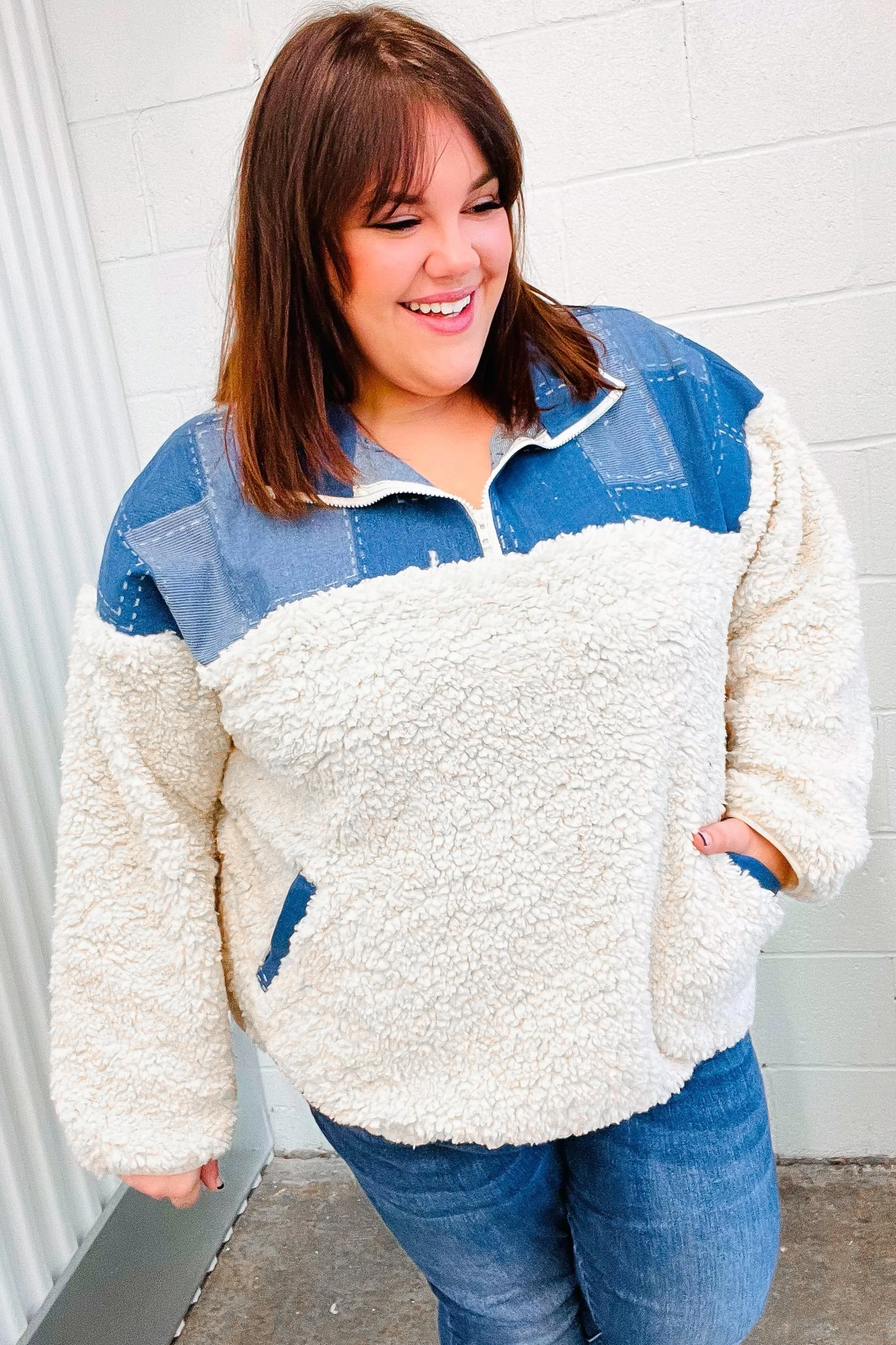 Denim & Ivory Patchwork Sherpa Half Zip Pullover