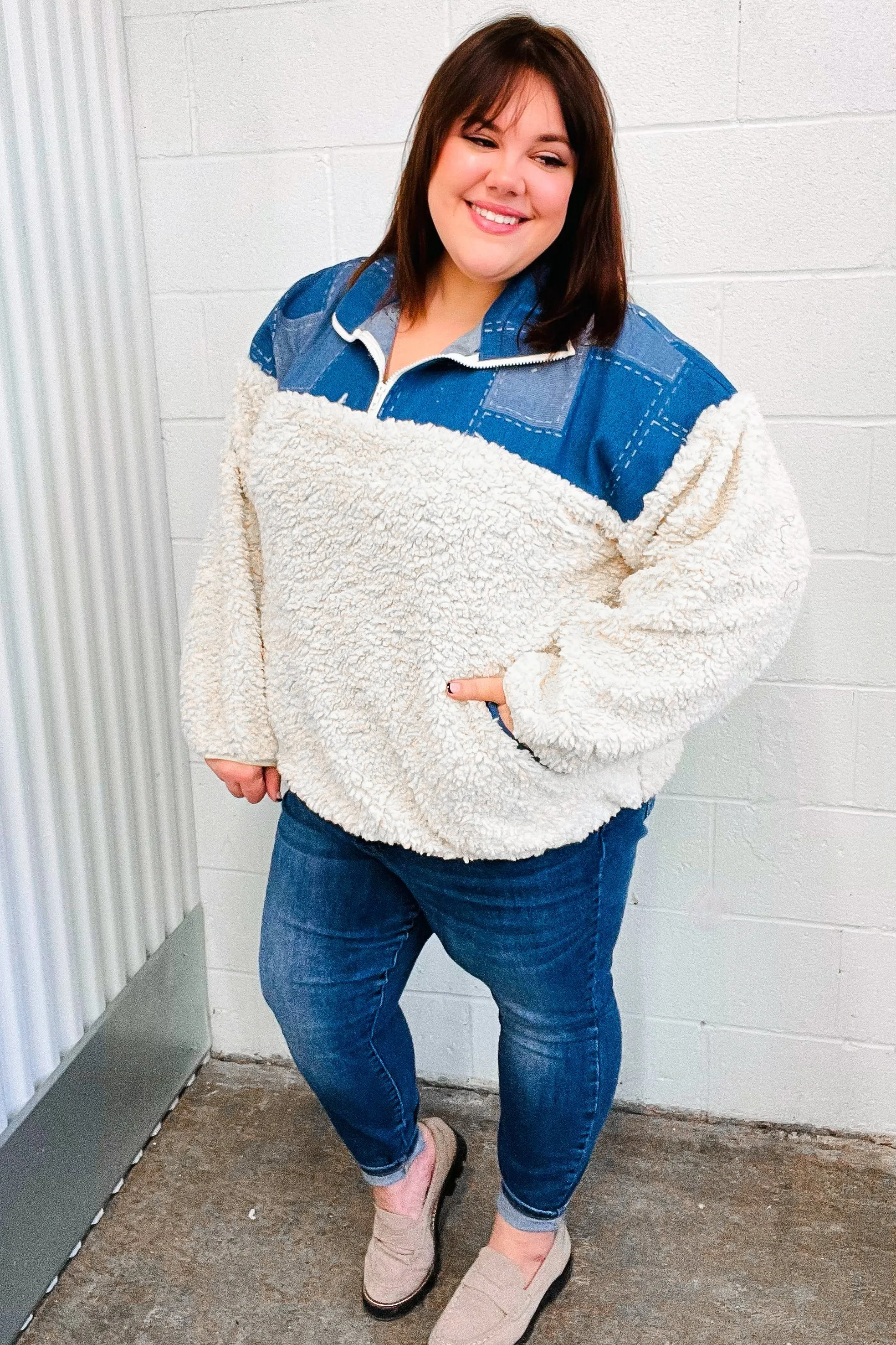 Denim & Ivory Patchwork Sherpa Half Zip Pullover