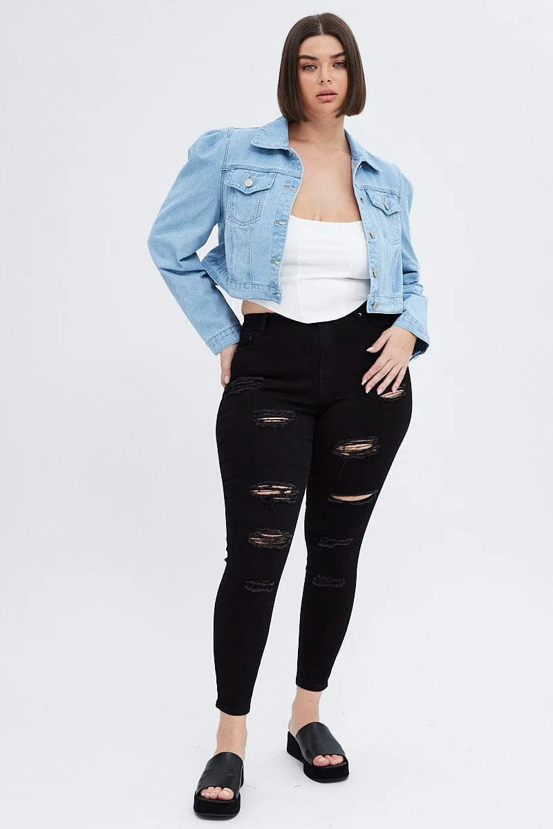 Denim Jacket Puff Sleeve Cropped Fitted