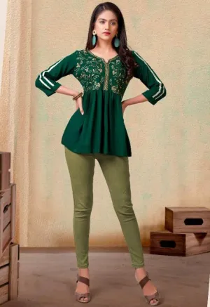 Designer Rayon Stylish Green Tunic Tops for Women