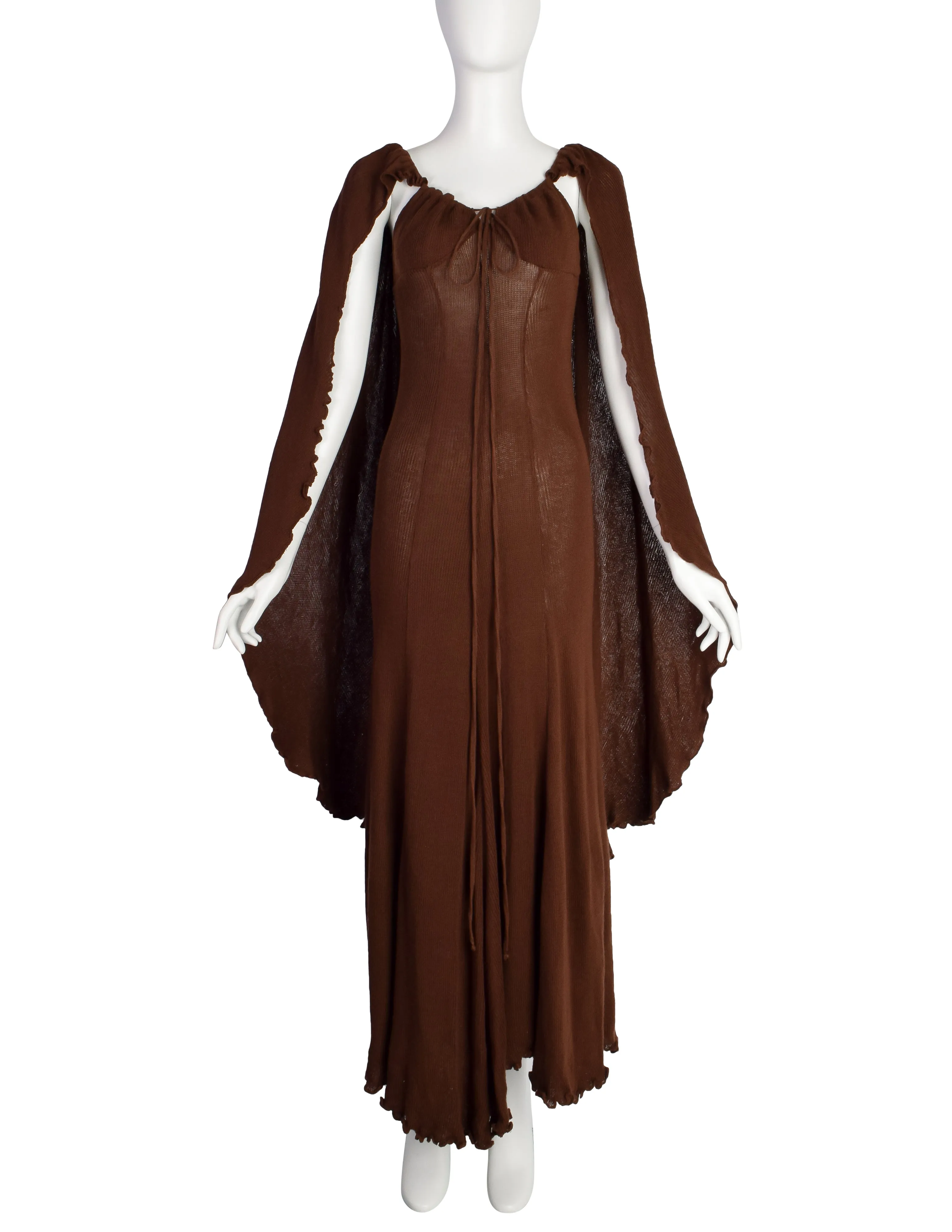 Diana Leslie Vintage 1970s Brown Ribbed Cotton Cape Sleeve Maxi Dress