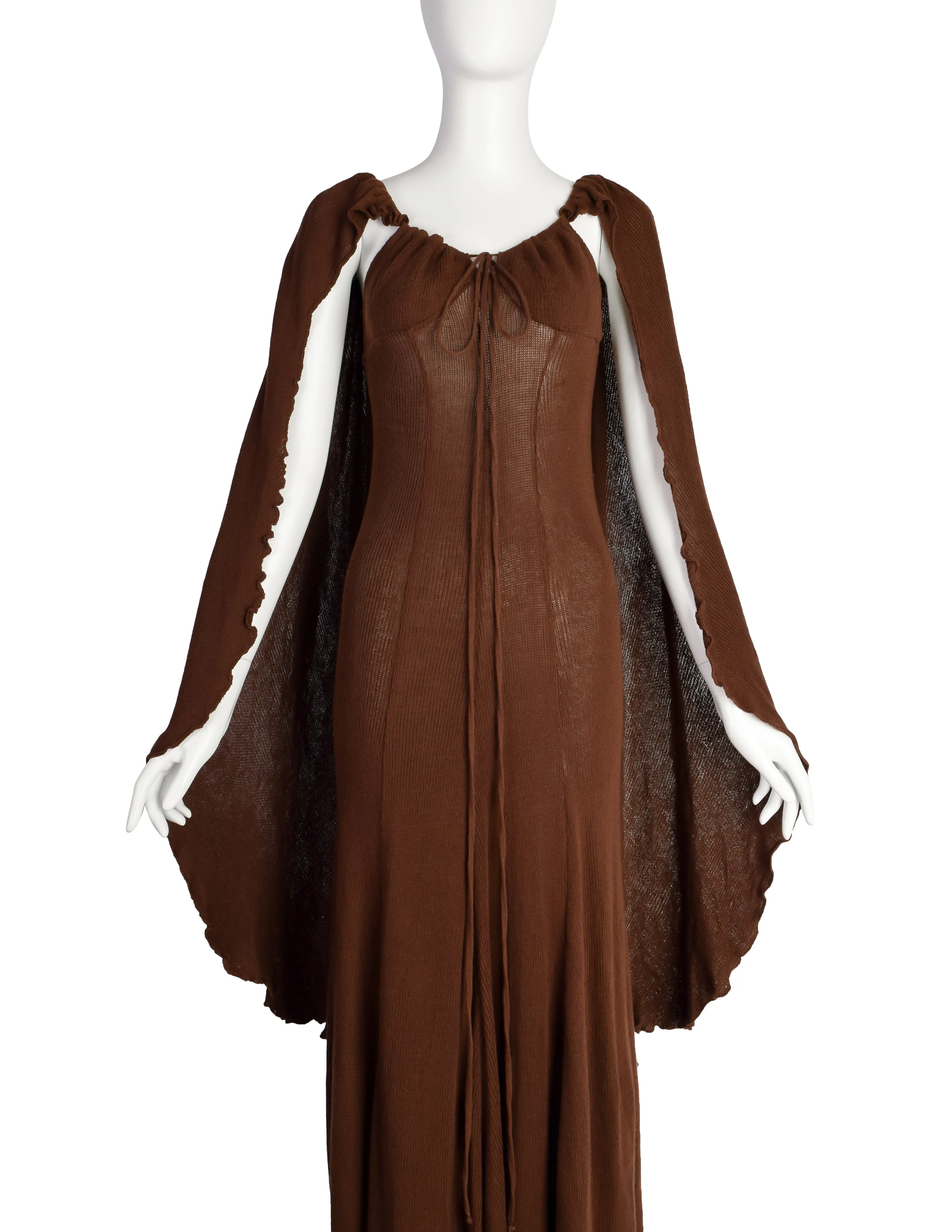 Diana Leslie Vintage 1970s Brown Ribbed Cotton Cape Sleeve Maxi Dress