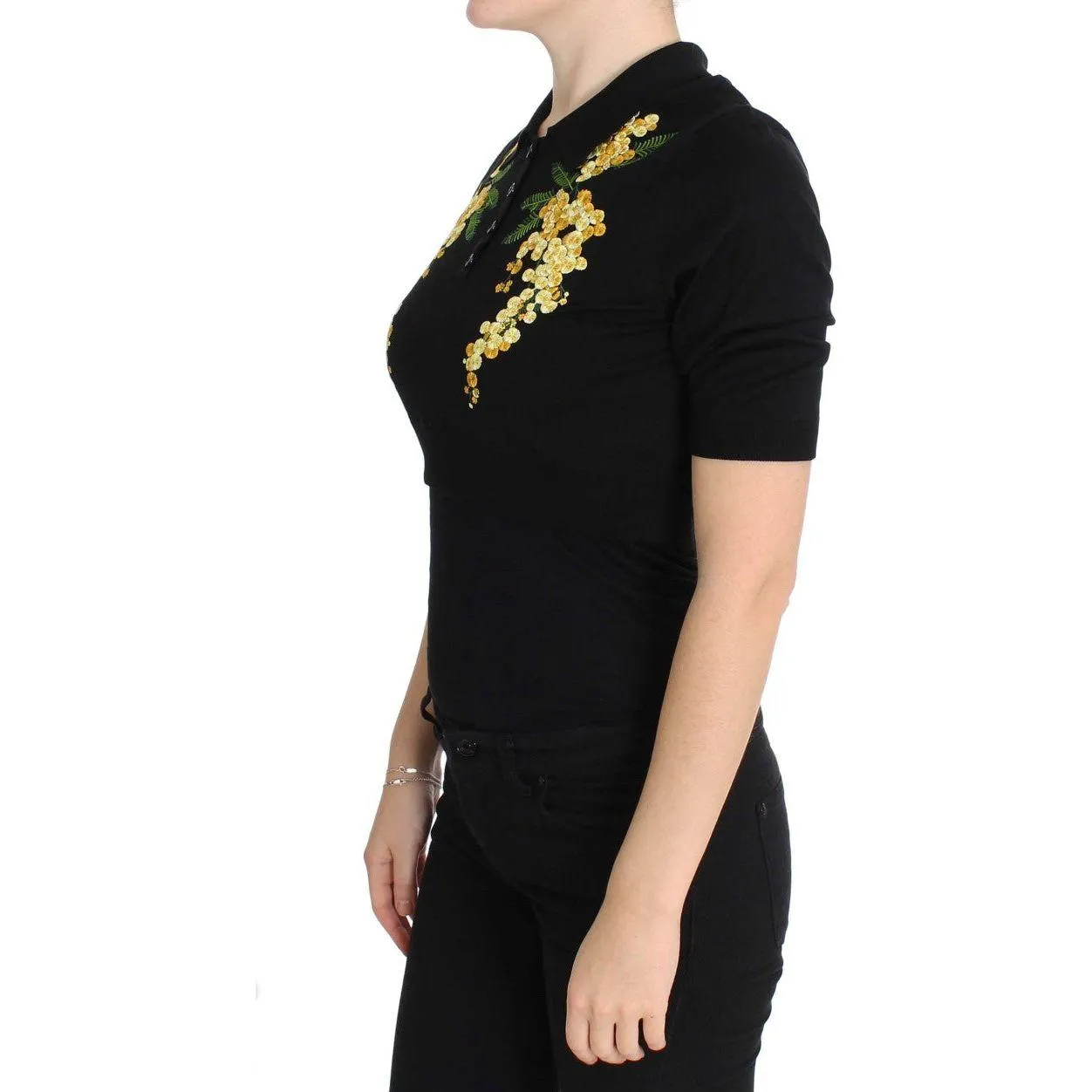 Dolce & Gabbana Elegant Black Silk Floral Polo Top