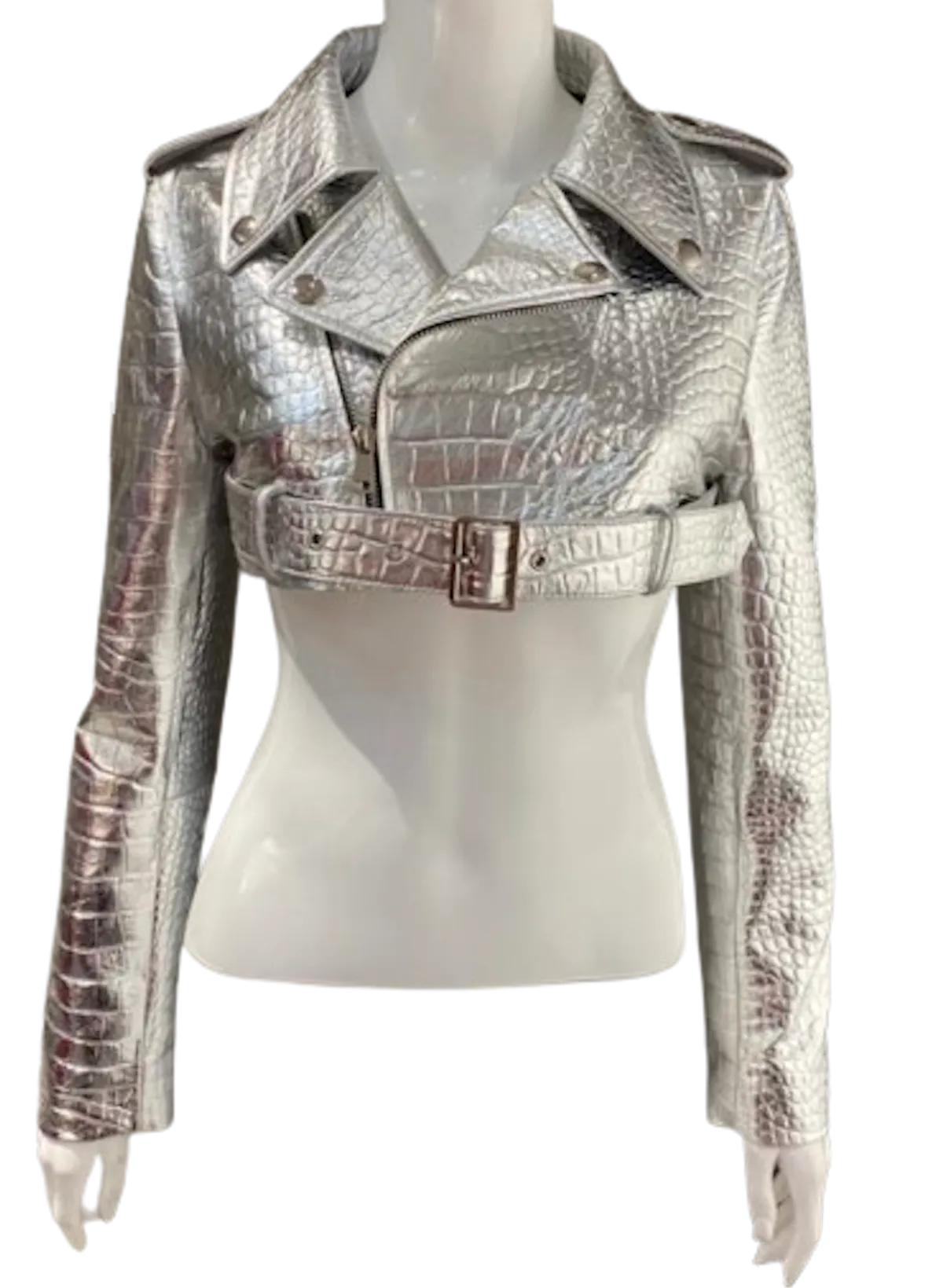 Embossed Silver Crop Leather Moto