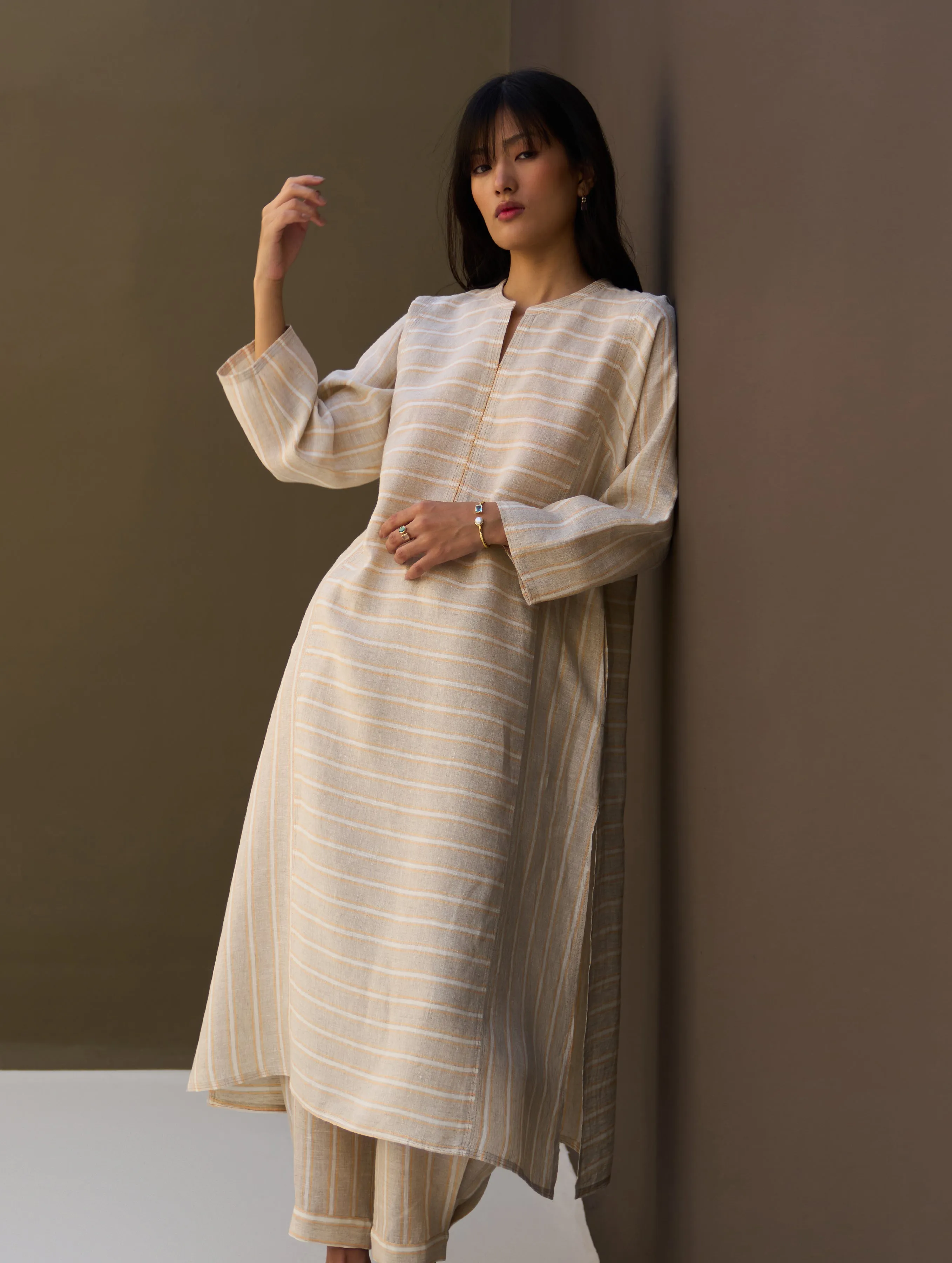 Ezra Striped Linen Kurta - Natural