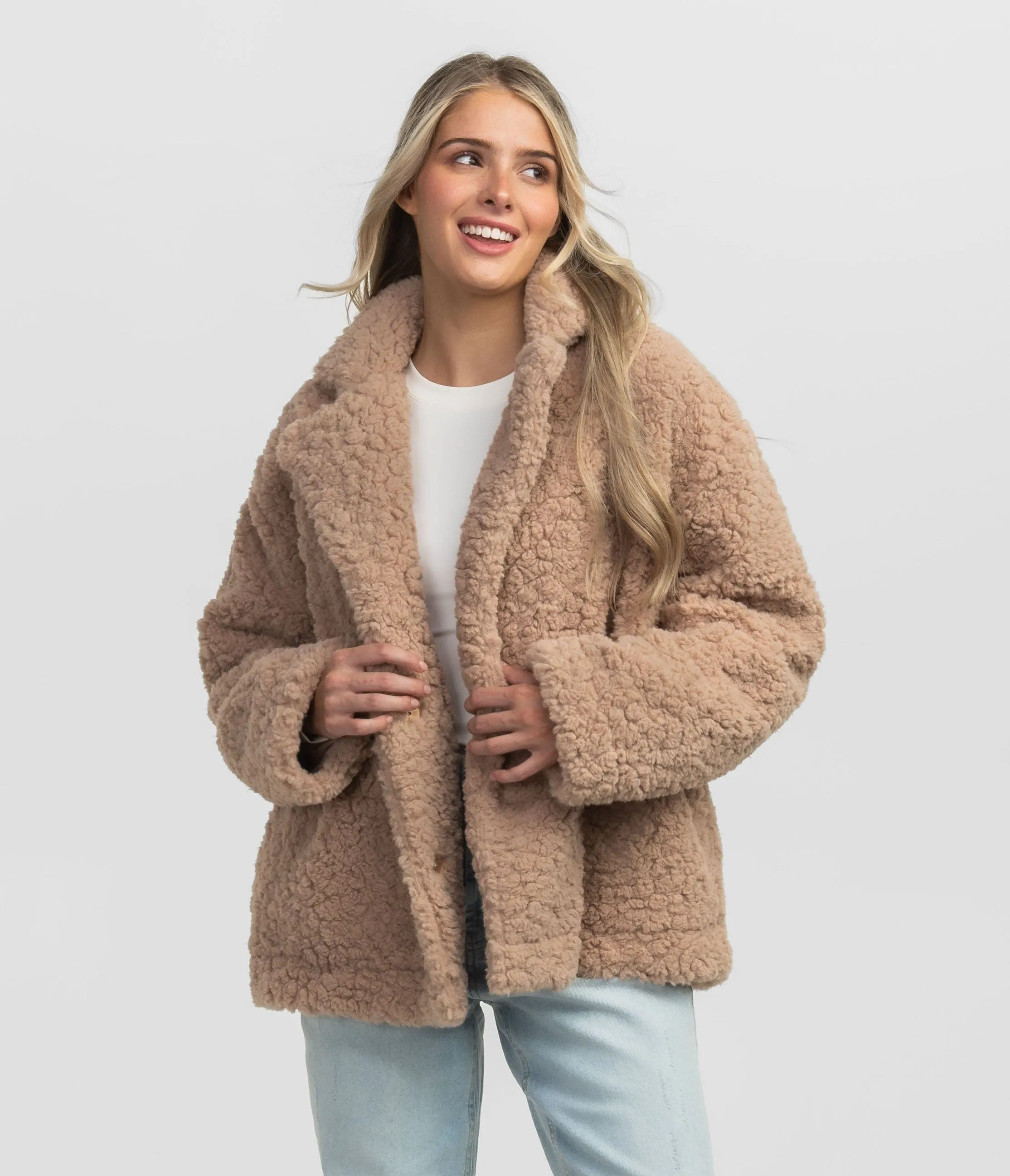 Faux Fur Sherpa Jacket - Taupe