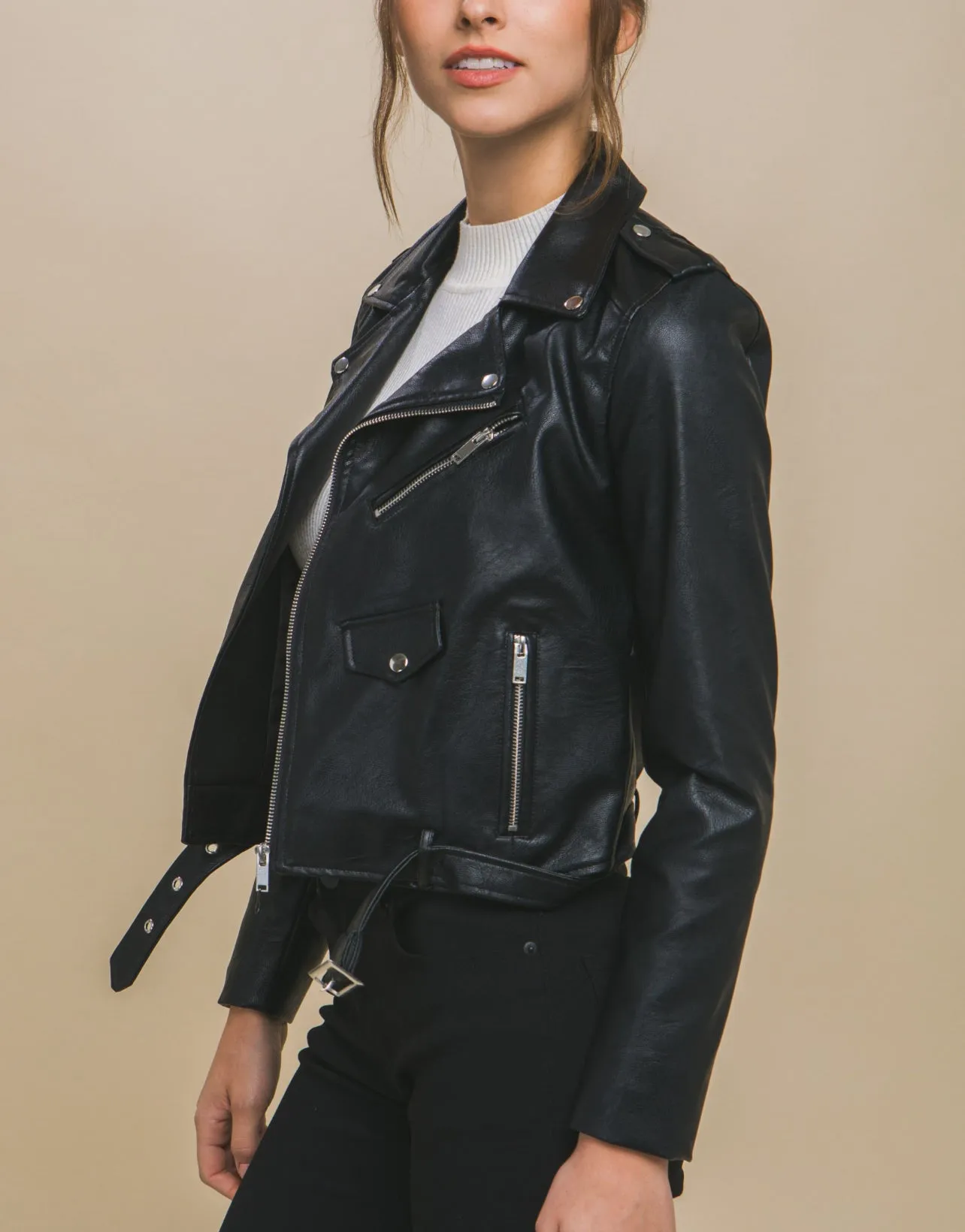 Faux Leather Biker Jacket in Black