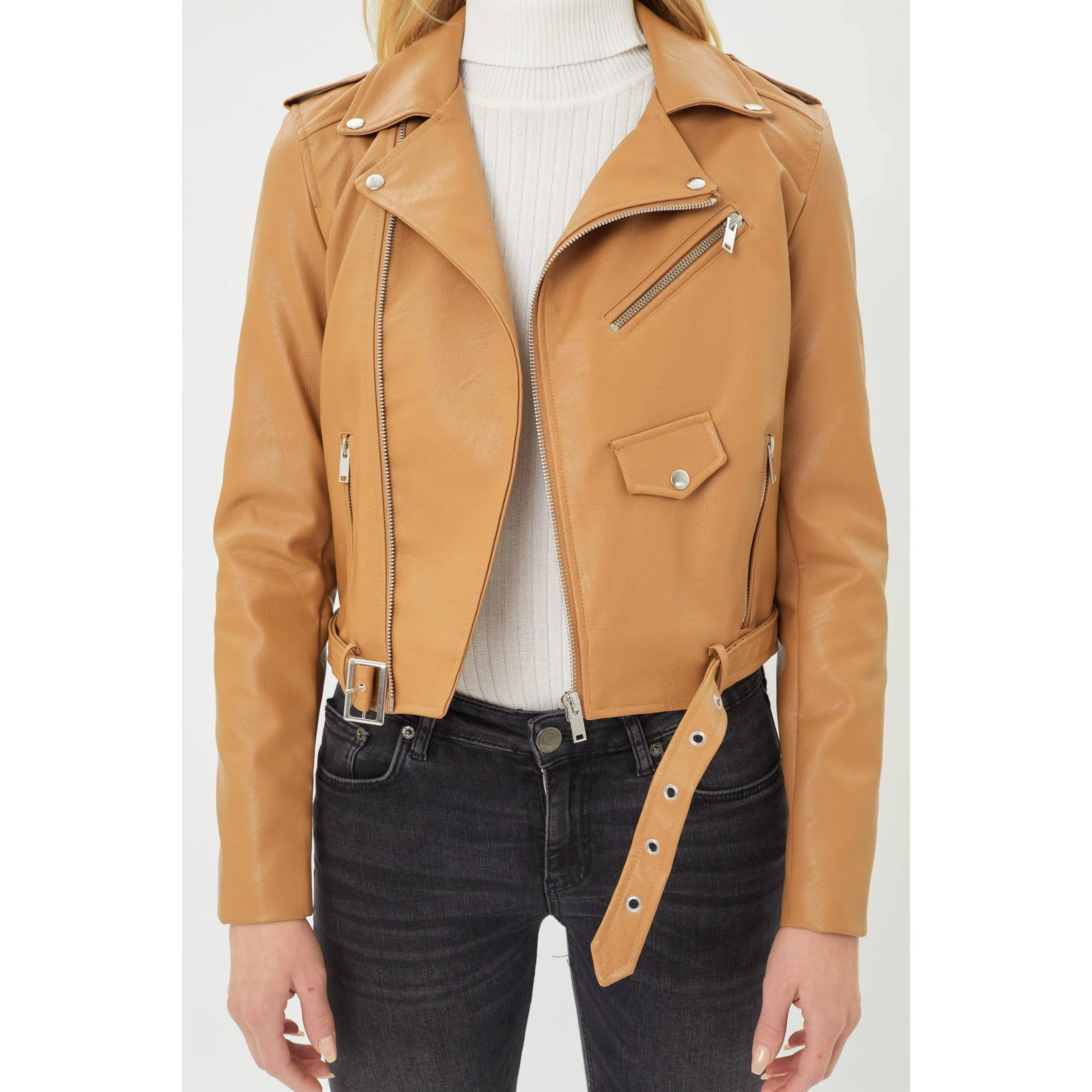 Faux Leather Zip Up Biker Jacket - Camel