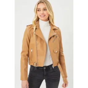 Faux Leather Zip Up Biker Jacket - Camel