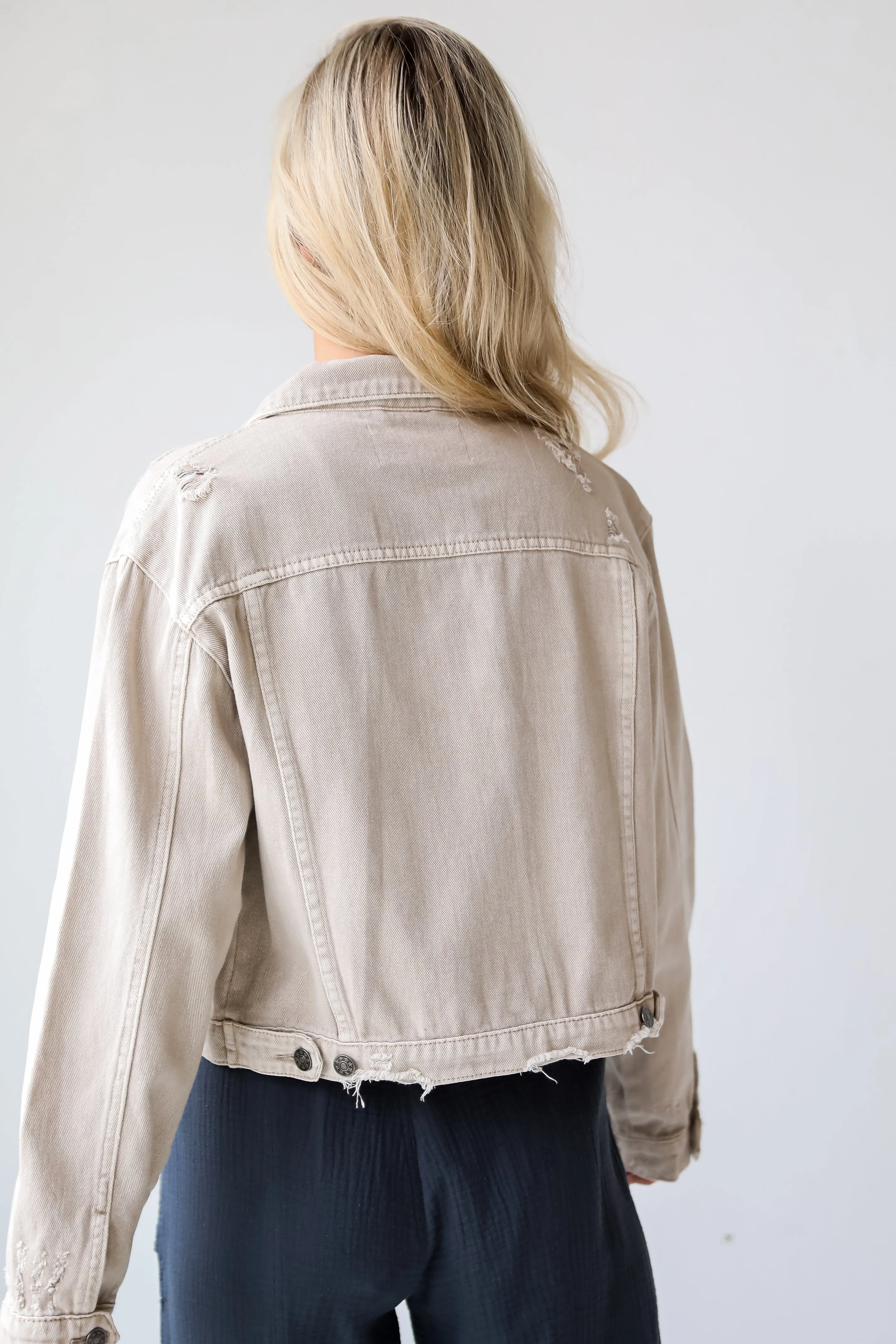 FINAL SALE - Definite Icon Taupe Distressed Cropped Denim Jacket