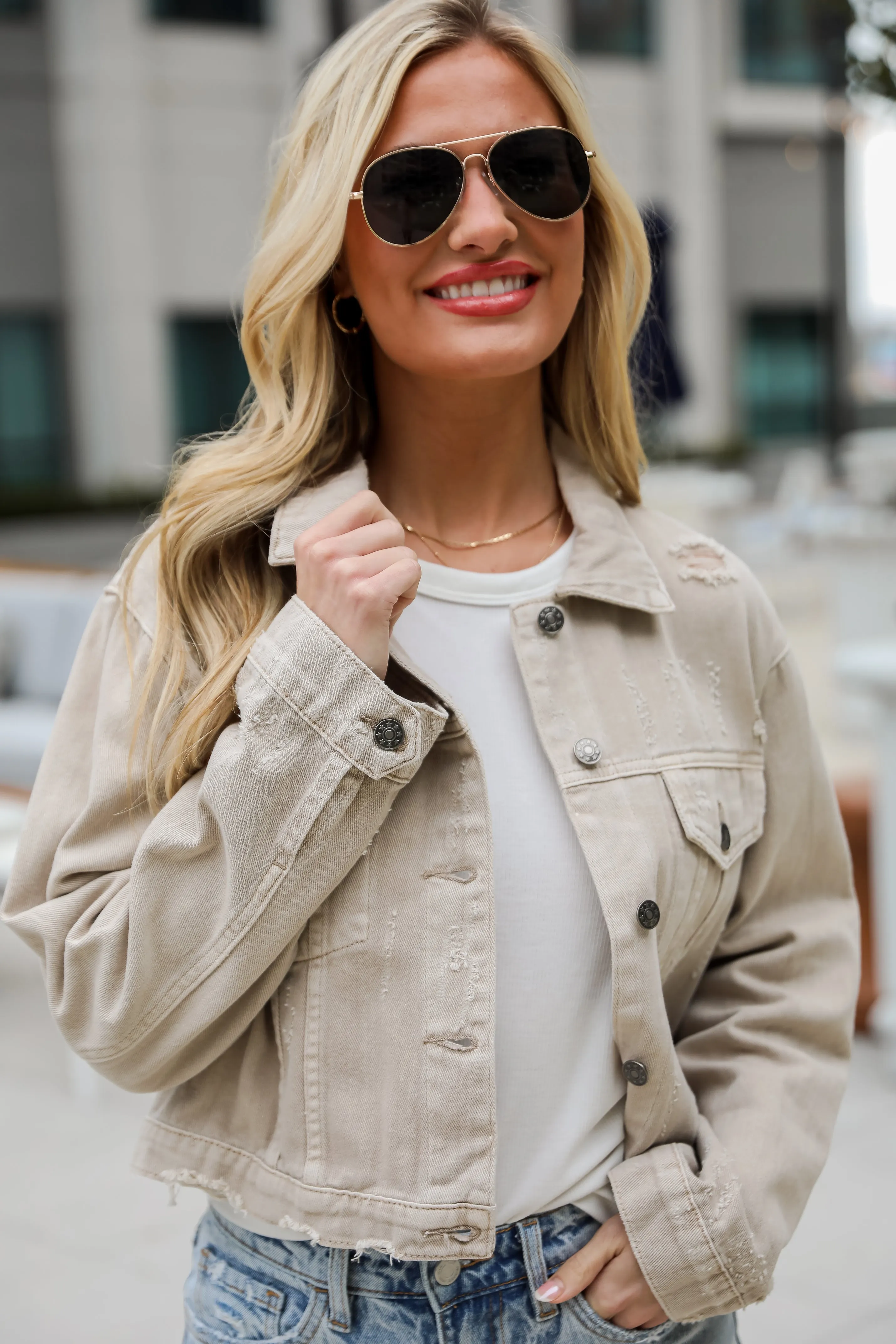 FINAL SALE - Definite Icon Taupe Distressed Cropped Denim Jacket