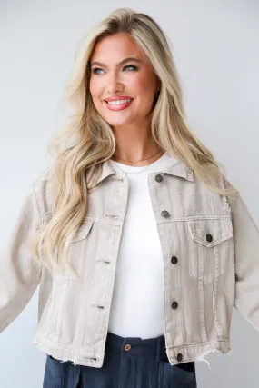 FINAL SALE - Definite Icon Taupe Distressed Cropped Denim Jacket