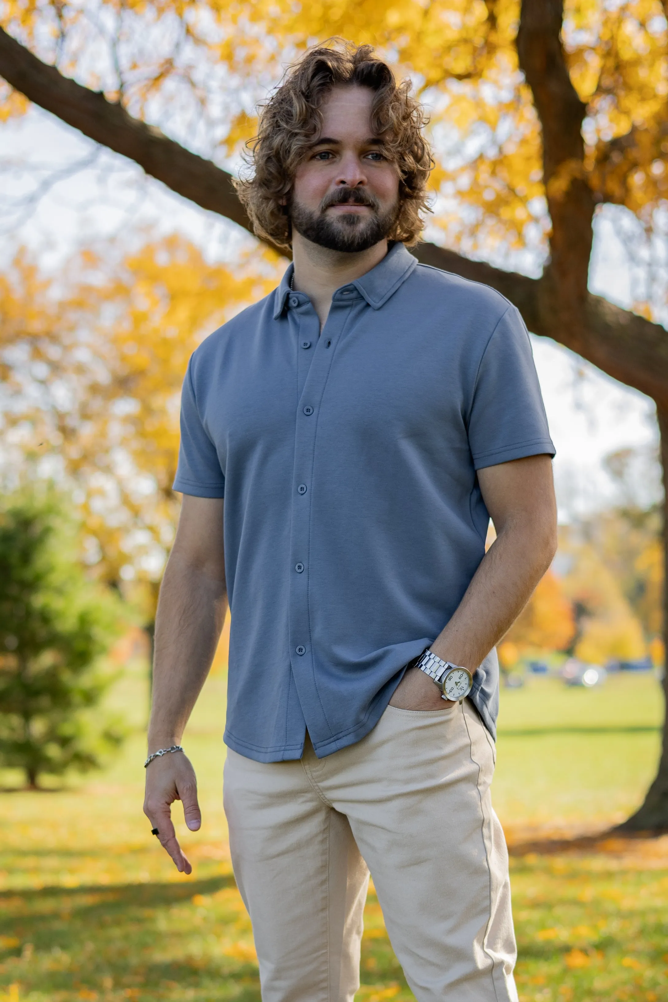 Flex Short Sleeve Button Down Shirt Steel Blue