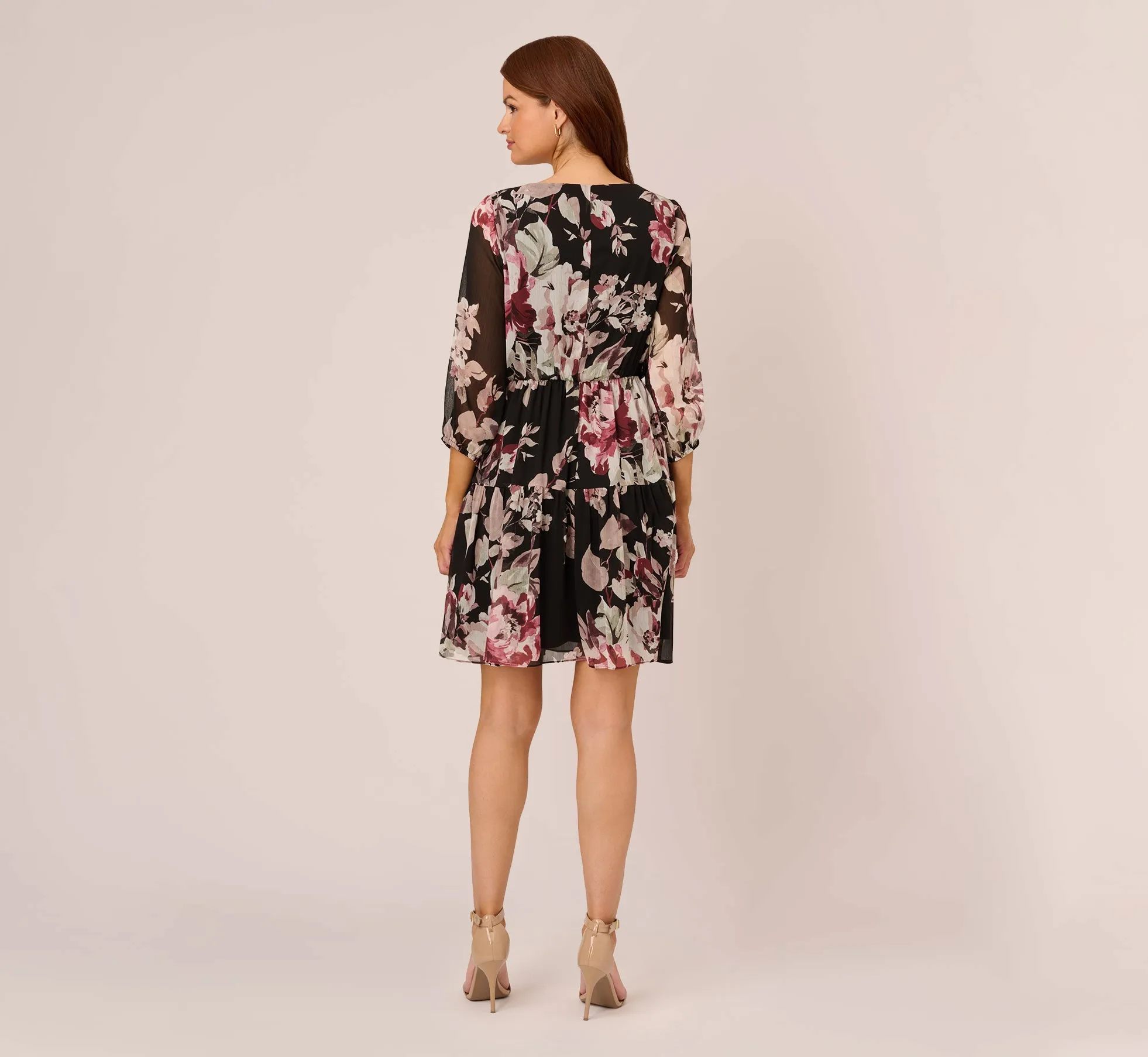 Floral Chiffon Dress With Three Quarter Length Sleeves In Black Multi