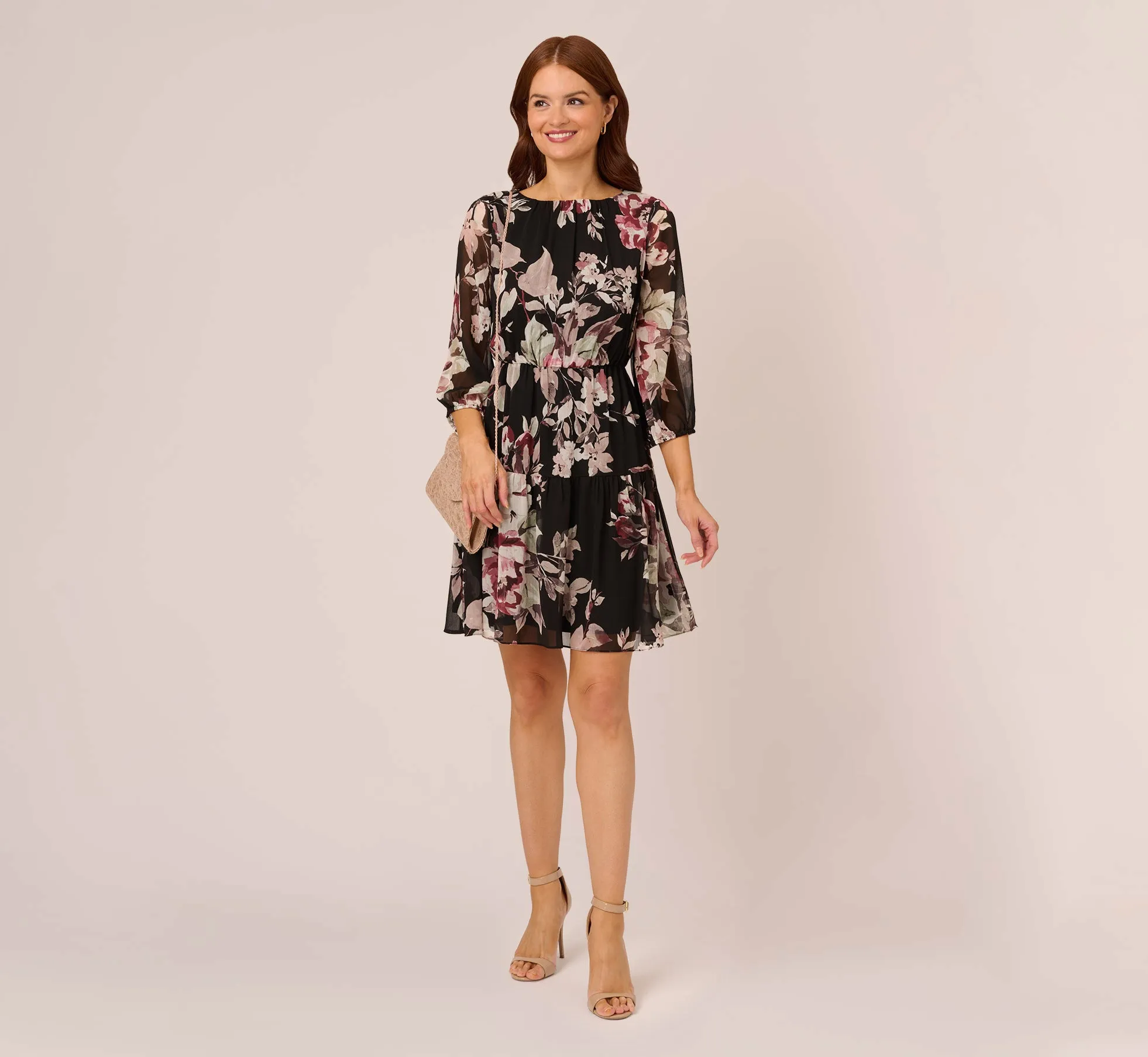 Floral Chiffon Dress With Three Quarter Length Sleeves In Black Multi