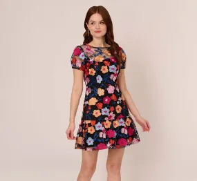 Floral Embroidered Flounce Dress With Sheer Short Sleeves In Black Multi