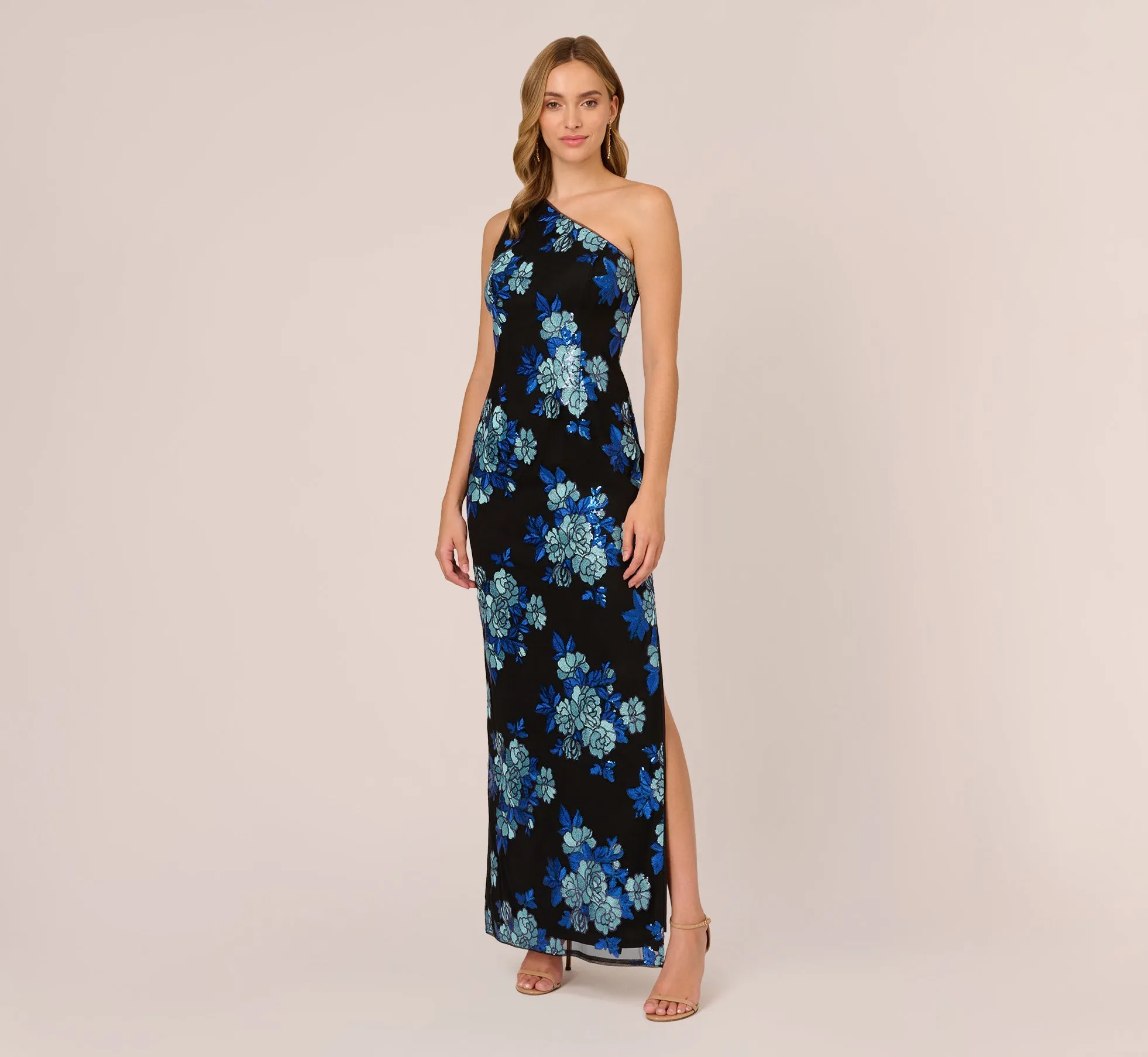 Floral Sequin One Shoulder Column Gown In Black Blue Multi