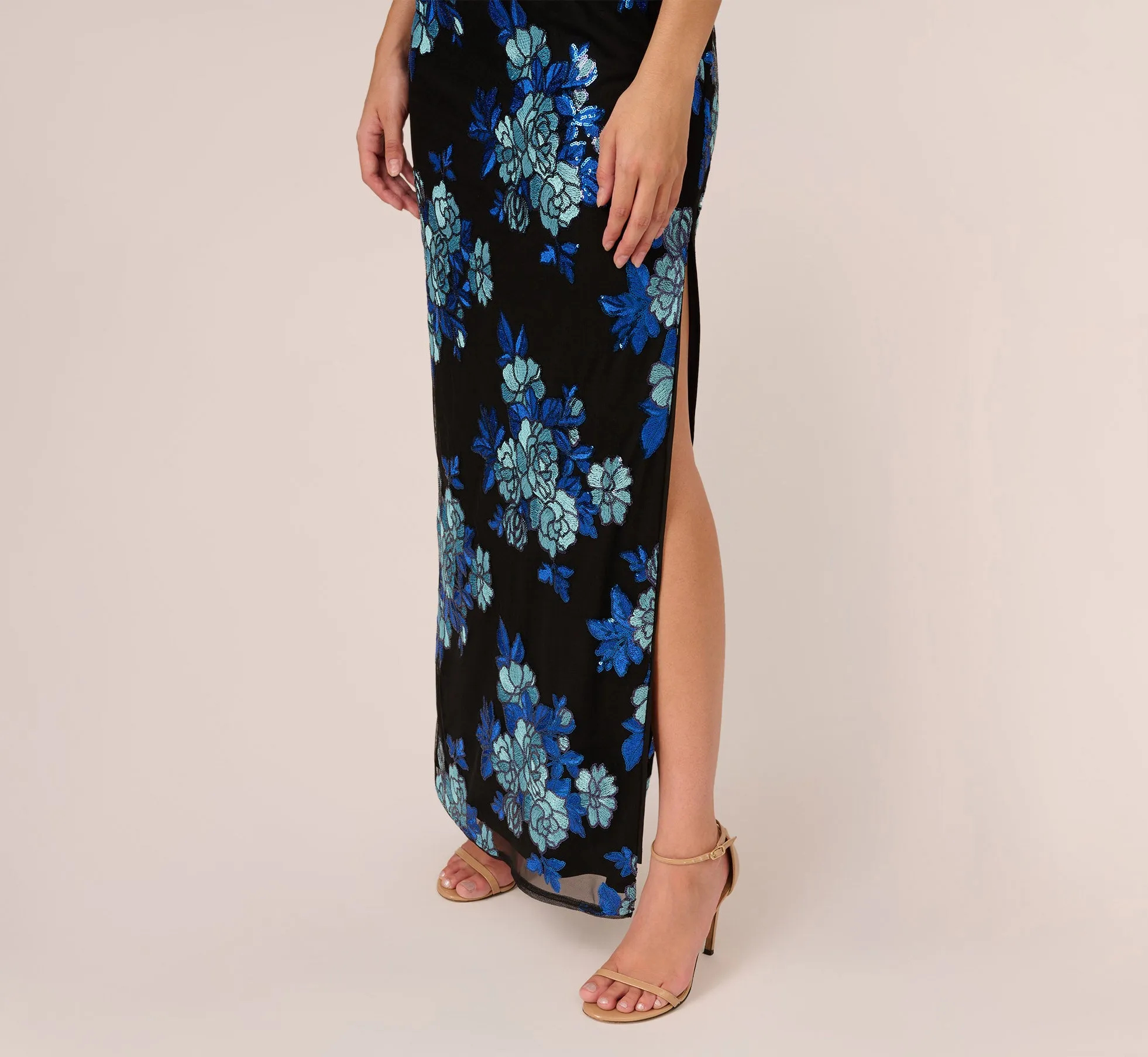 Floral Sequin One Shoulder Column Gown In Black Blue Multi