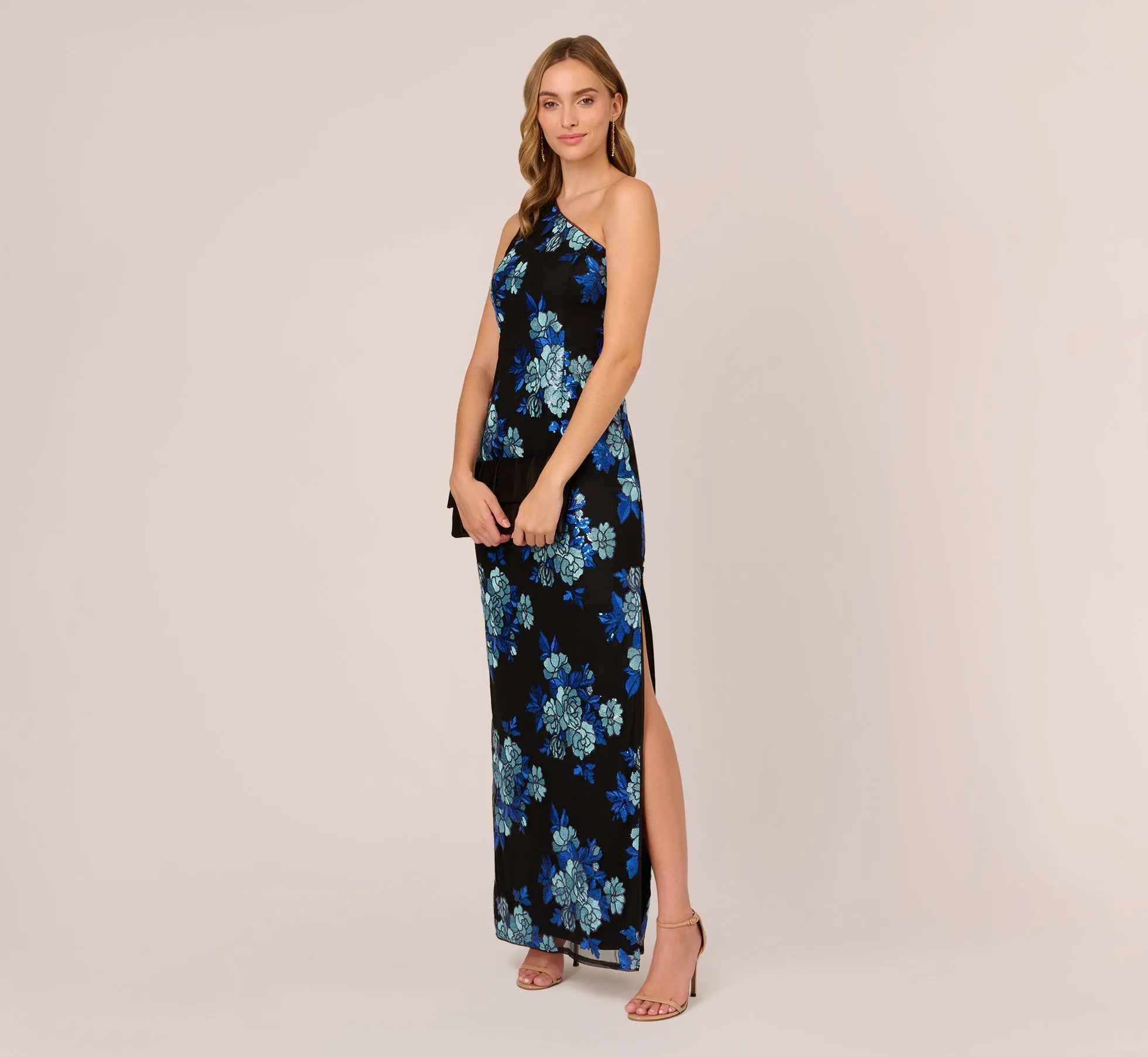 Floral Sequin One Shoulder Column Gown In Black Blue Multi