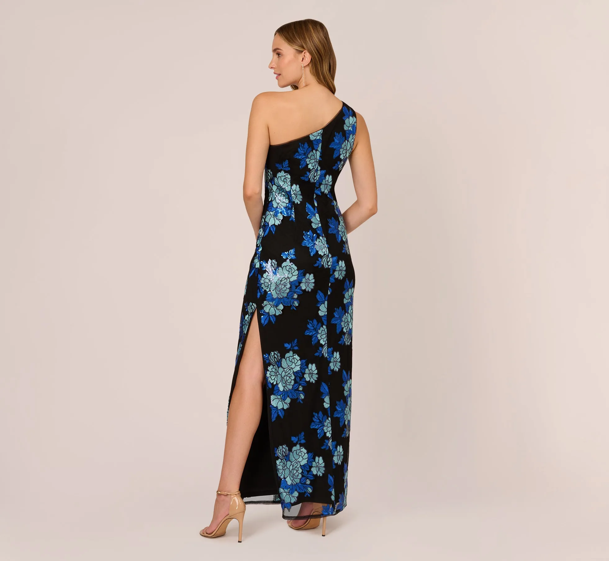 Floral Sequin One Shoulder Column Gown In Black Blue Multi