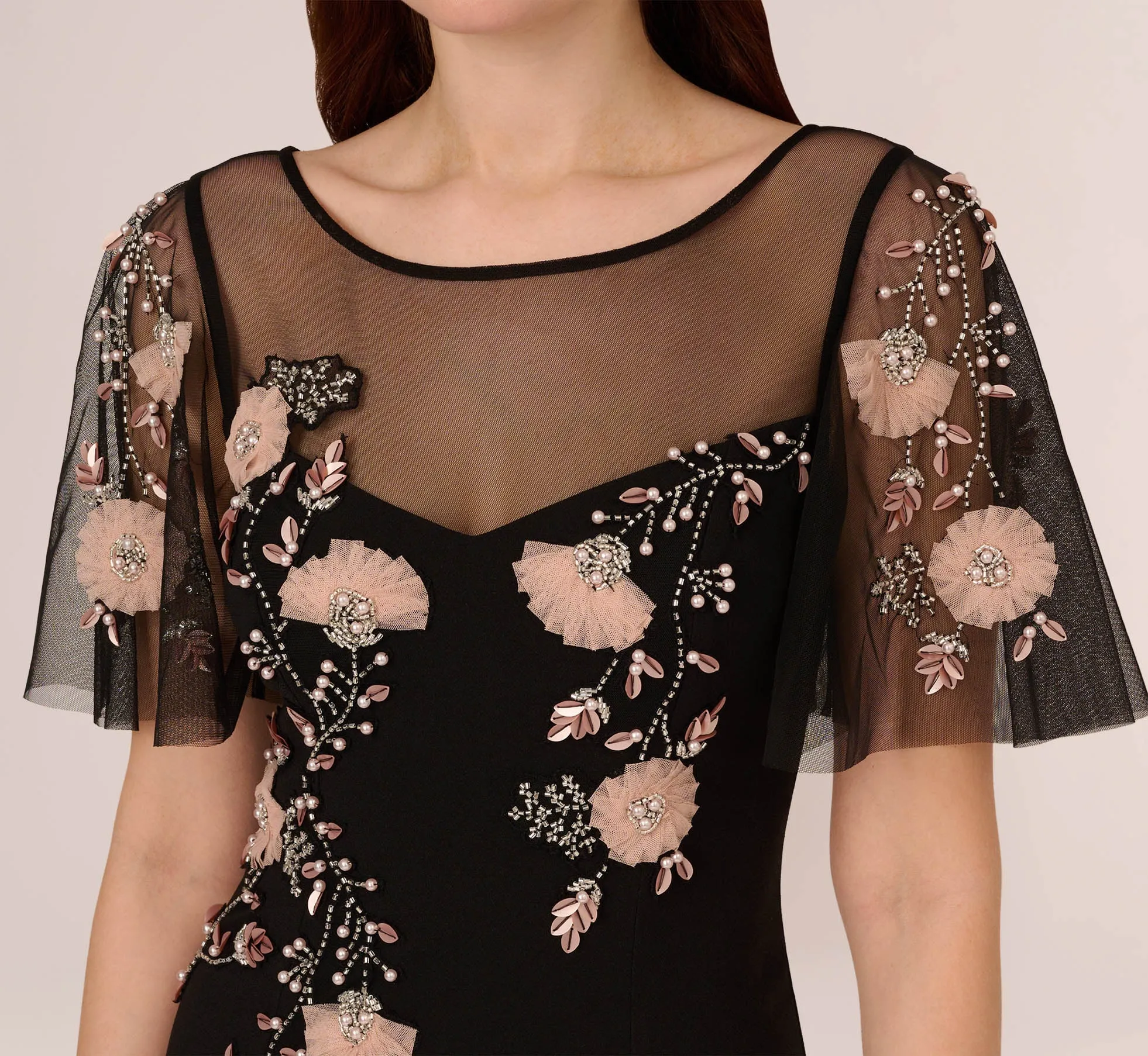 Flutter Sleeve Crepe Gown With Floral Sequin Beading In Black Blush Multi