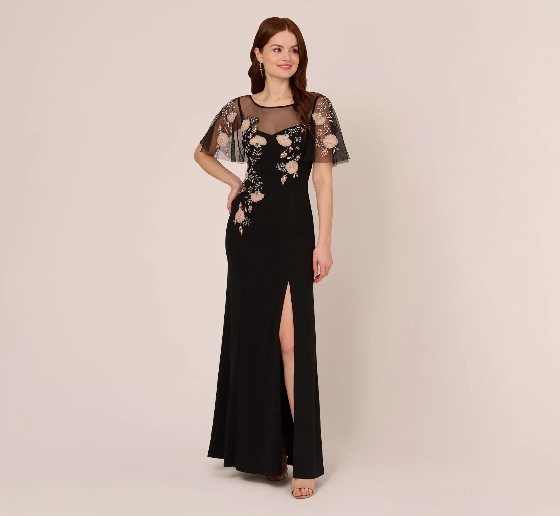 Flutter Sleeve Crepe Gown With Floral Sequin Beading In Black Blush Multi