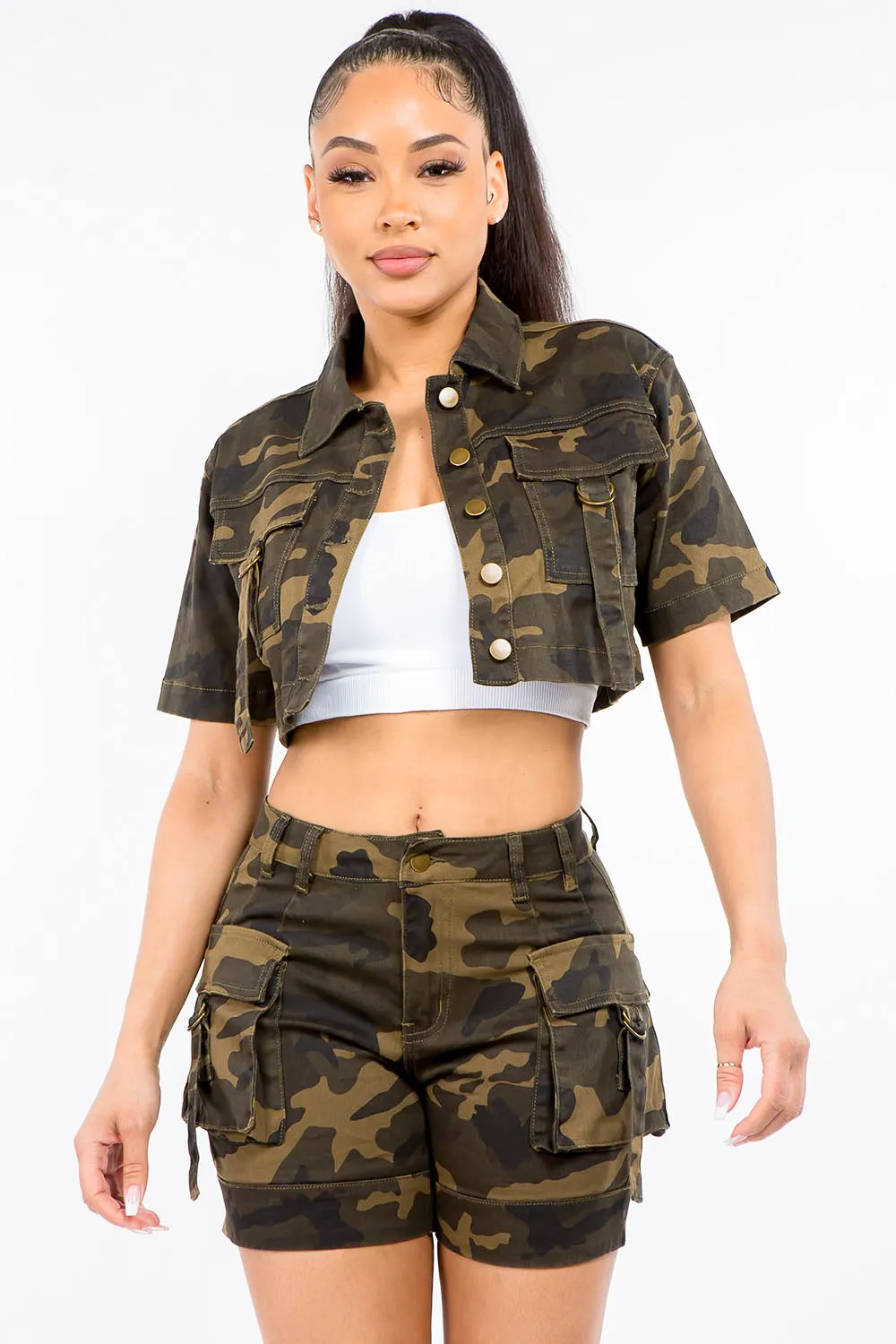 Full Size Camouflage Short Sleeve Cropped Jacket