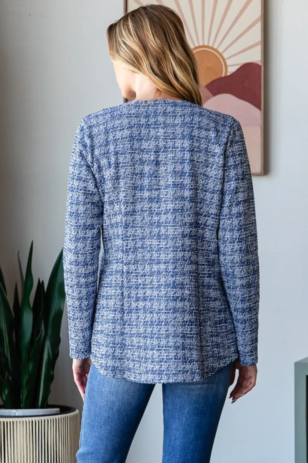 Full Size Houndstooth Tweed Open Front Blazer