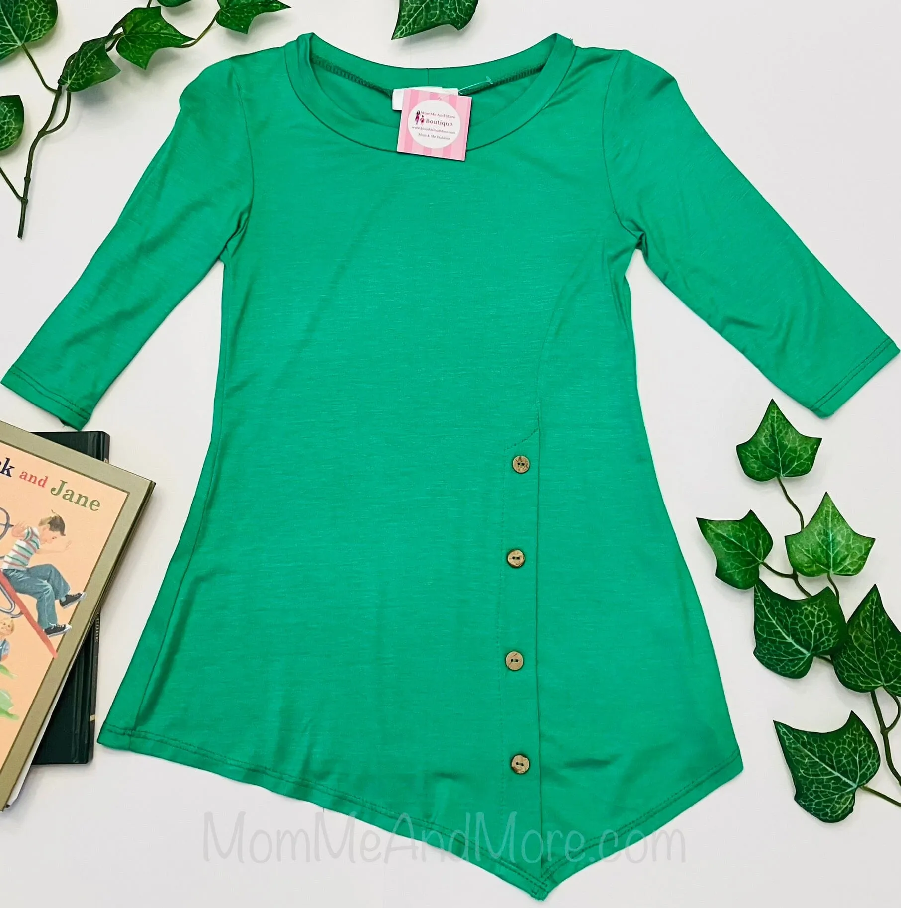 Girls High-Low Asymmetric Dress, Long Tunic Top, Sizes 6/8/10/12, Solid Green