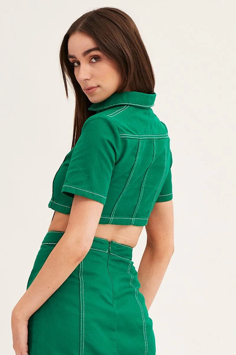 Green Contrast Stitch Button Up Top