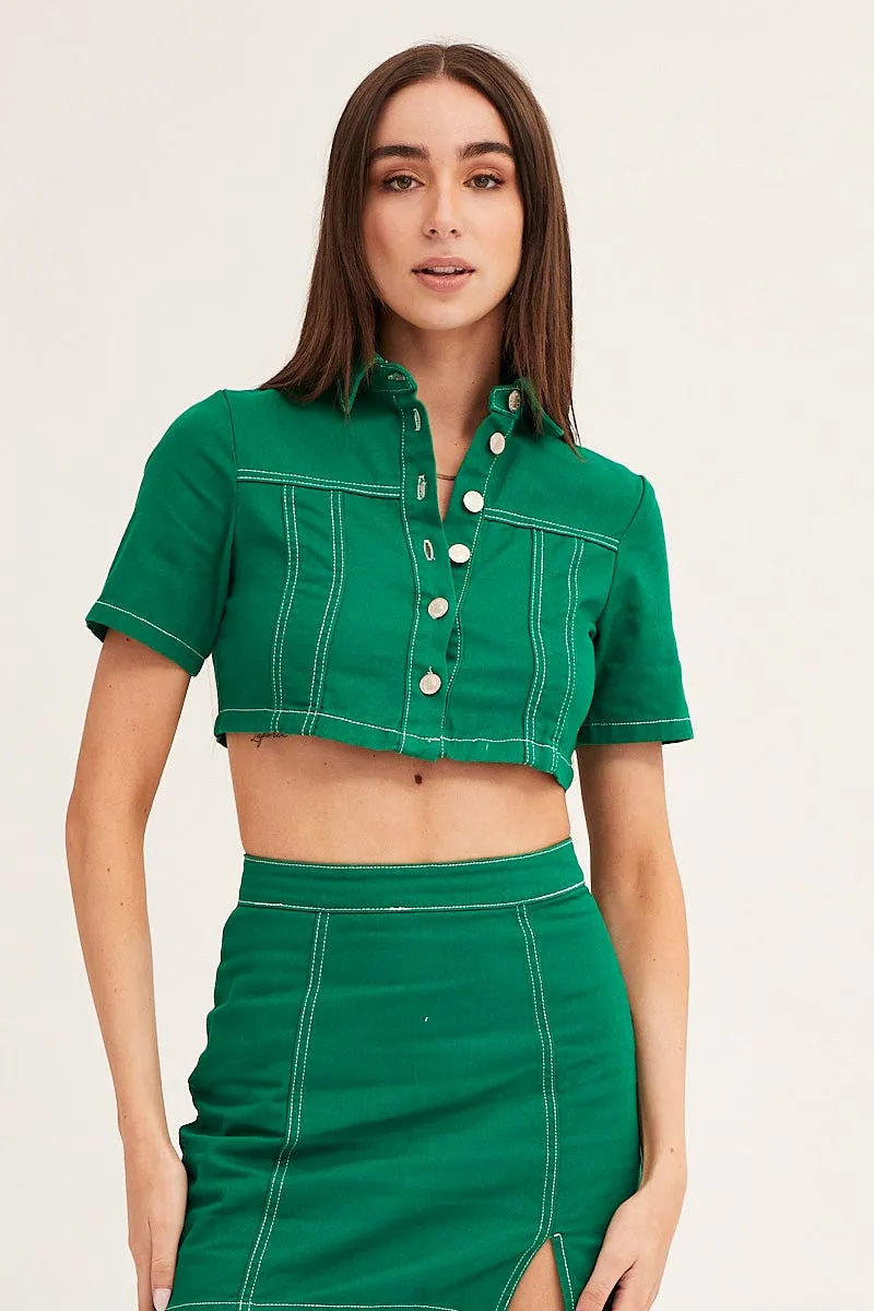 Green Contrast Stitch Button Up Top