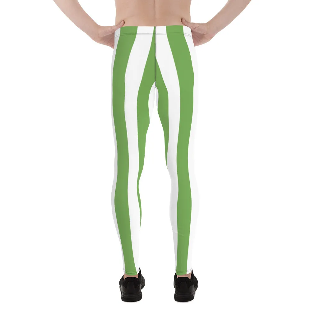 Green White Stripes Men's Leggings, Vertically Striped Meggings Running Tights-Made in USA/EU/MX