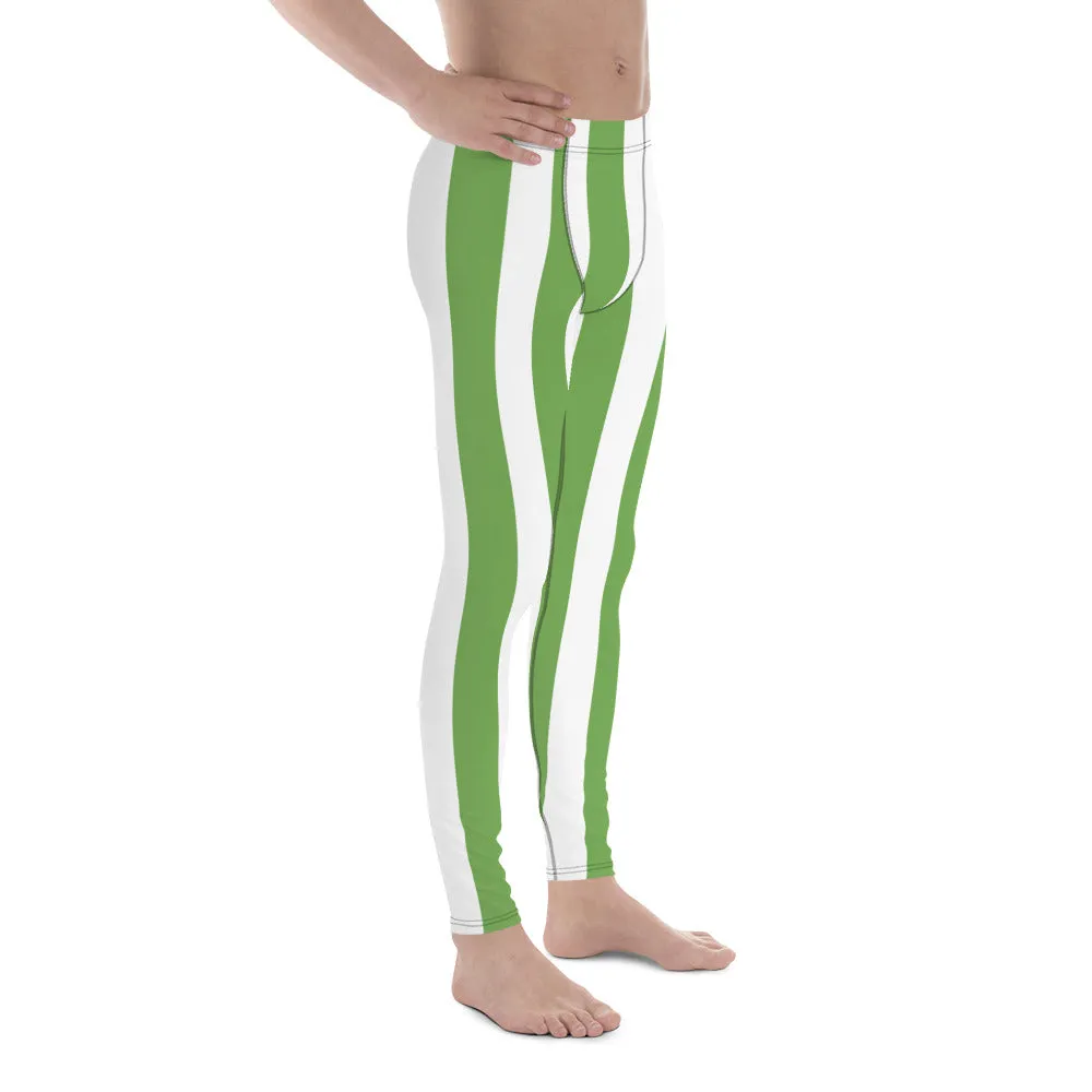 Green White Stripes Men's Leggings, Vertically Striped Meggings Running Tights-Made in USA/EU/MX