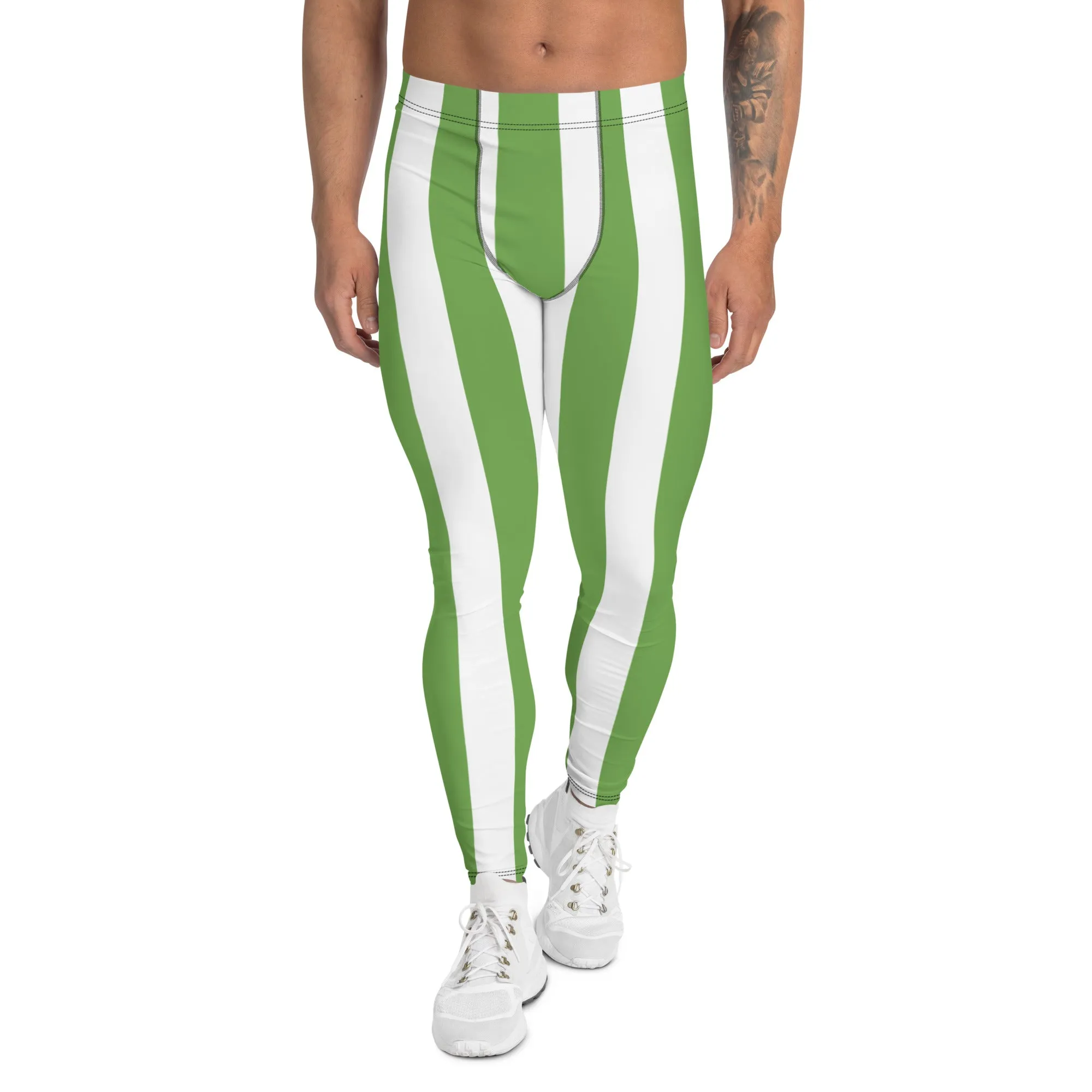 Green White Stripes Men's Leggings, Vertically Striped Meggings Running Tights-Made in USA/EU/MX