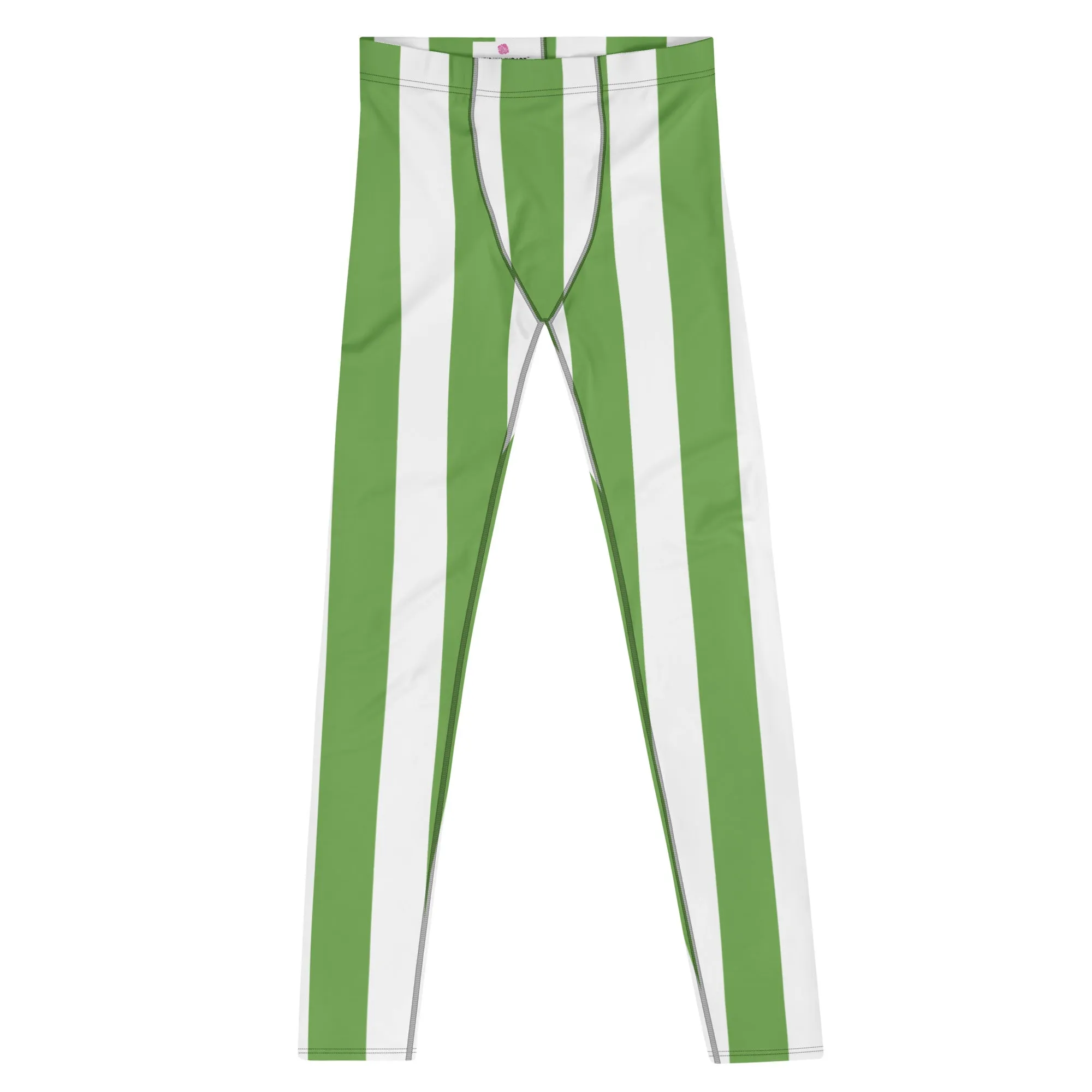 Green White Stripes Men's Leggings, Vertically Striped Meggings Running Tights-Made in USA/EU/MX