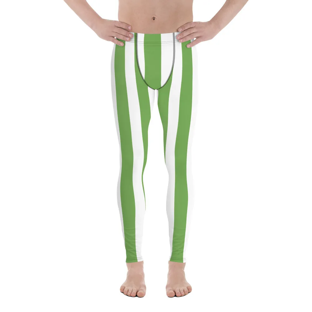 Green White Stripes Men's Leggings, Vertically Striped Meggings Running Tights-Made in USA/EU/MX