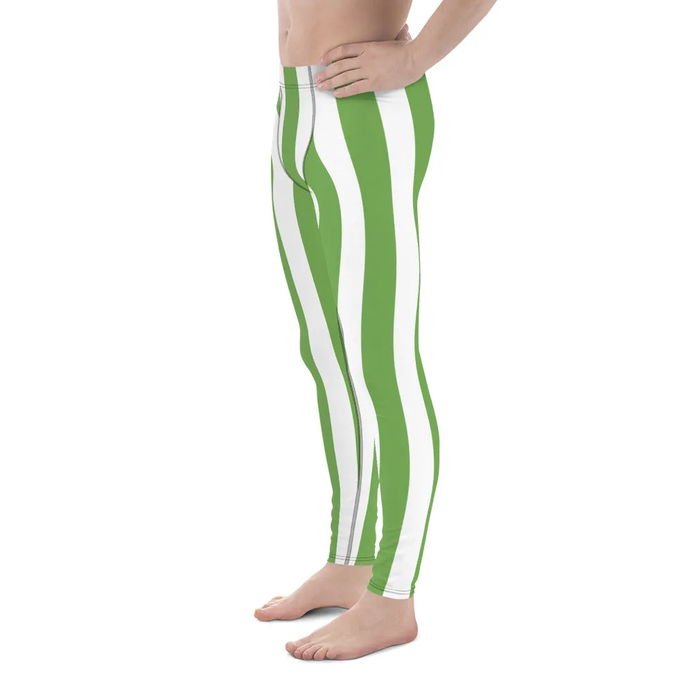 Green White Stripes Men's Leggings, Vertically Striped Meggings Running Tights-Made in USA/EU/MX