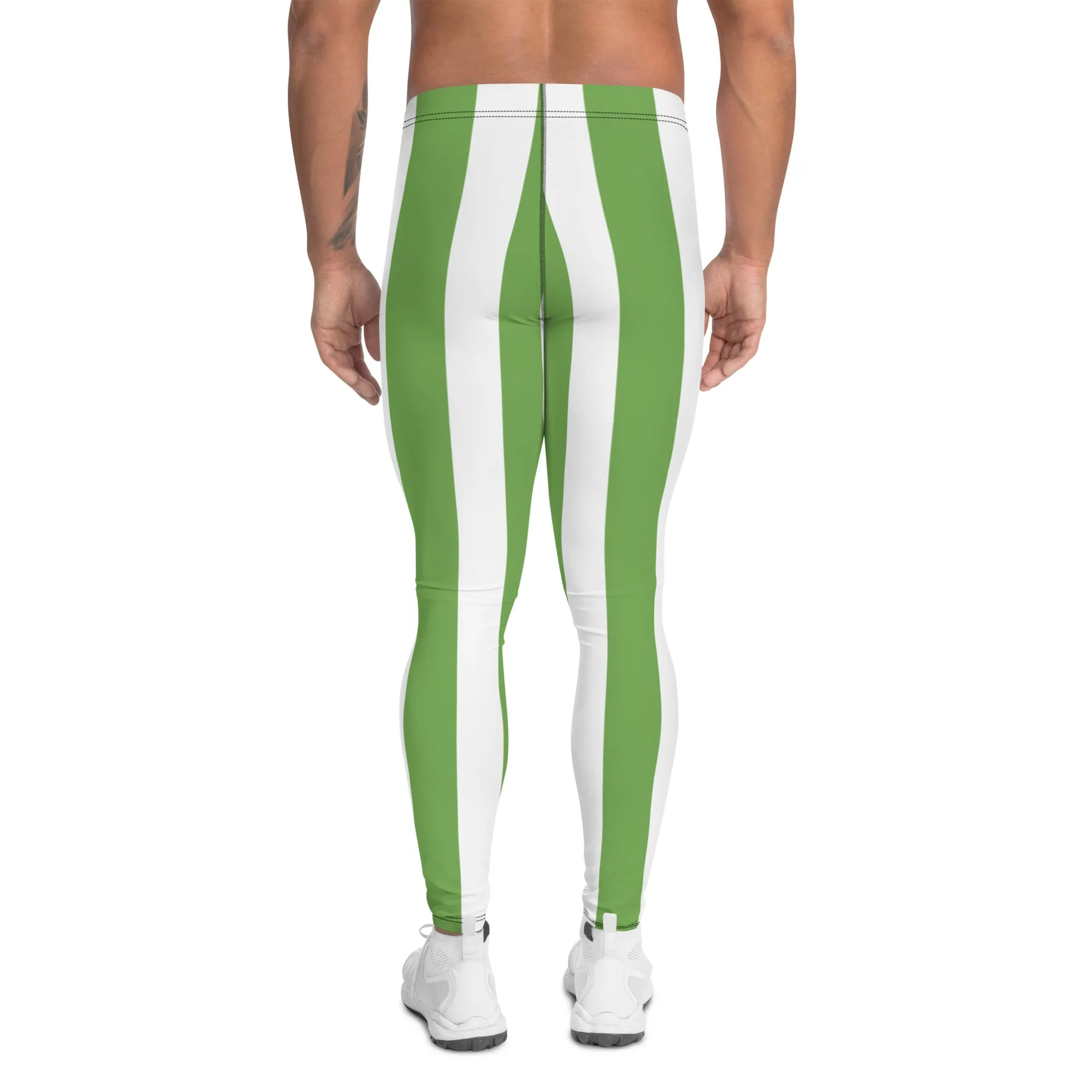 Green White Stripes Men's Leggings, Vertically Striped Meggings Running Tights-Made in USA/EU/MX