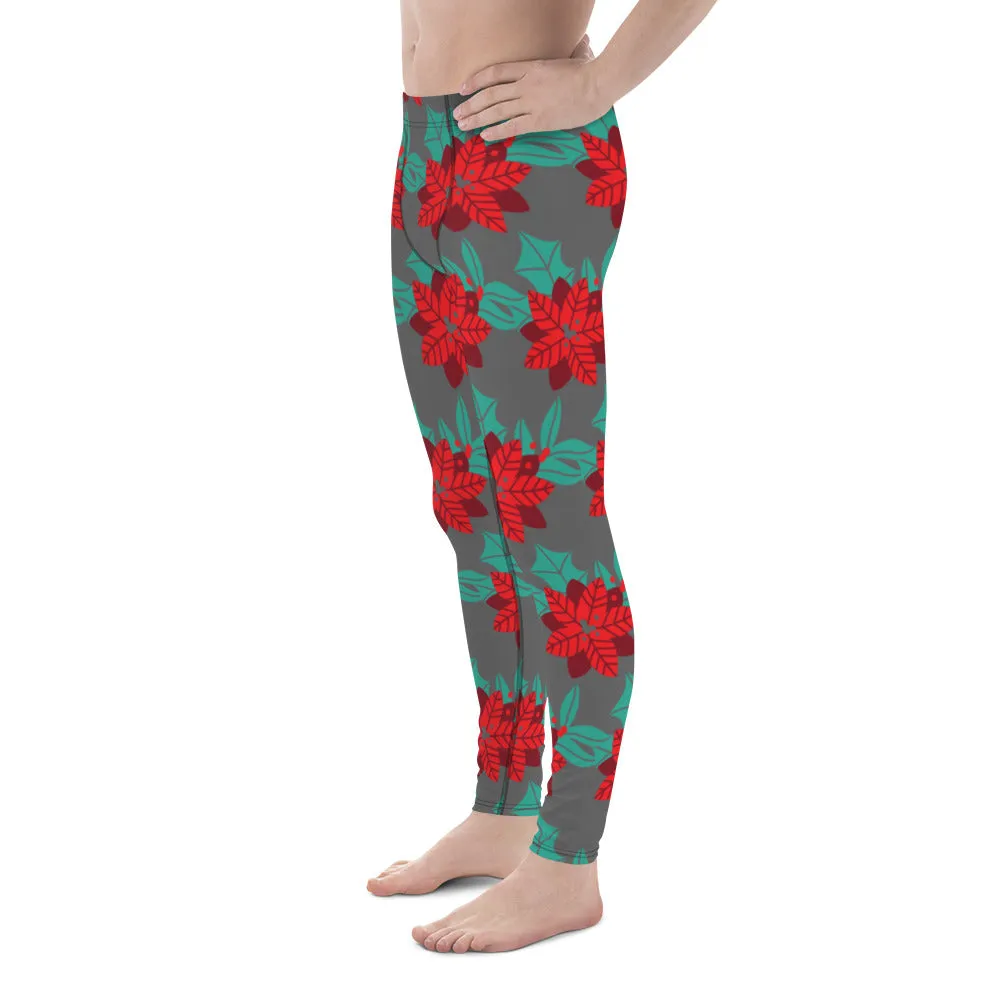 Grey Christmas Floral Men's Leggings, Grey & Red Xmas Flower Best Designer Men's Leggings-Made in USA/MX/EU