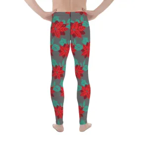 Grey Christmas Floral Men's Leggings, Grey & Red Xmas Flower Best Designer Men's Leggings-Made in USA/MX/EU