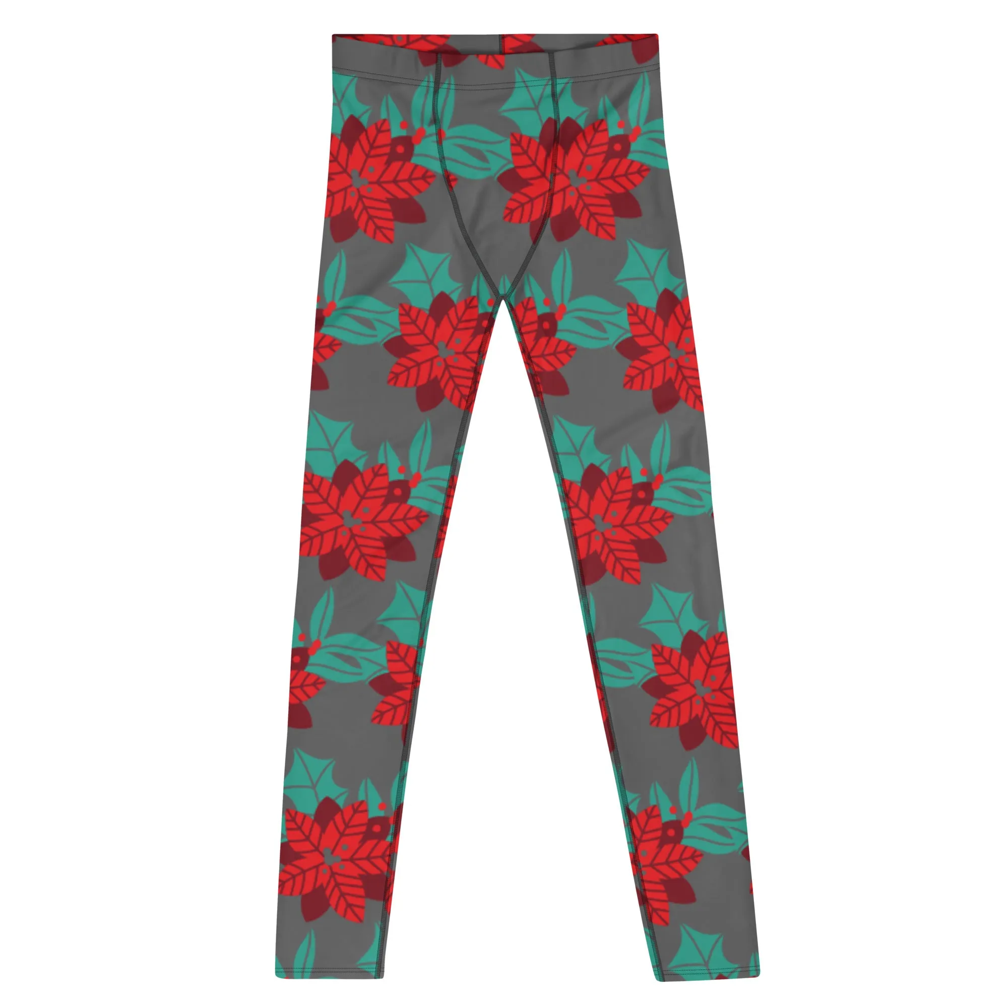 Grey Christmas Floral Men's Leggings, Grey & Red Xmas Flower Best Designer Men's Leggings-Made in USA/MX/EU