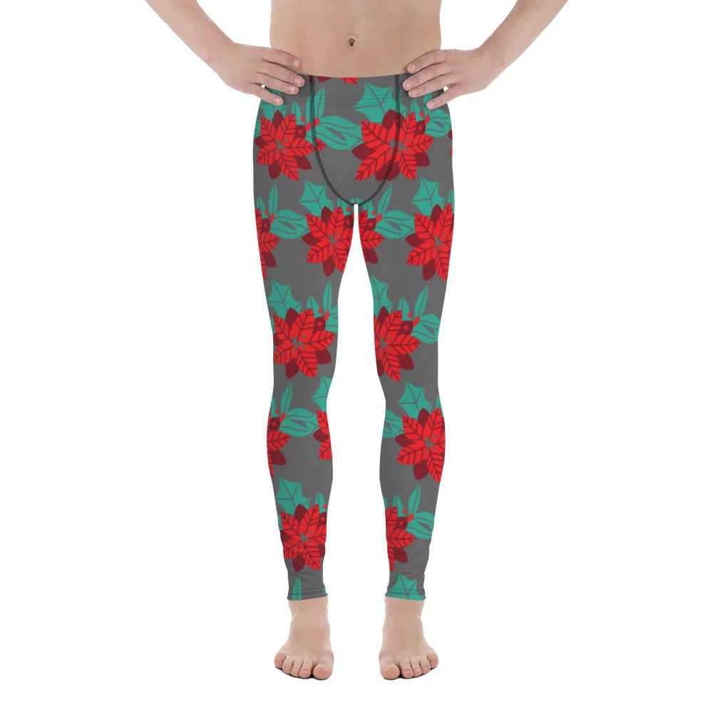 Grey Christmas Floral Men's Leggings, Grey & Red Xmas Flower Best Designer Men's Leggings-Made in USA/MX/EU