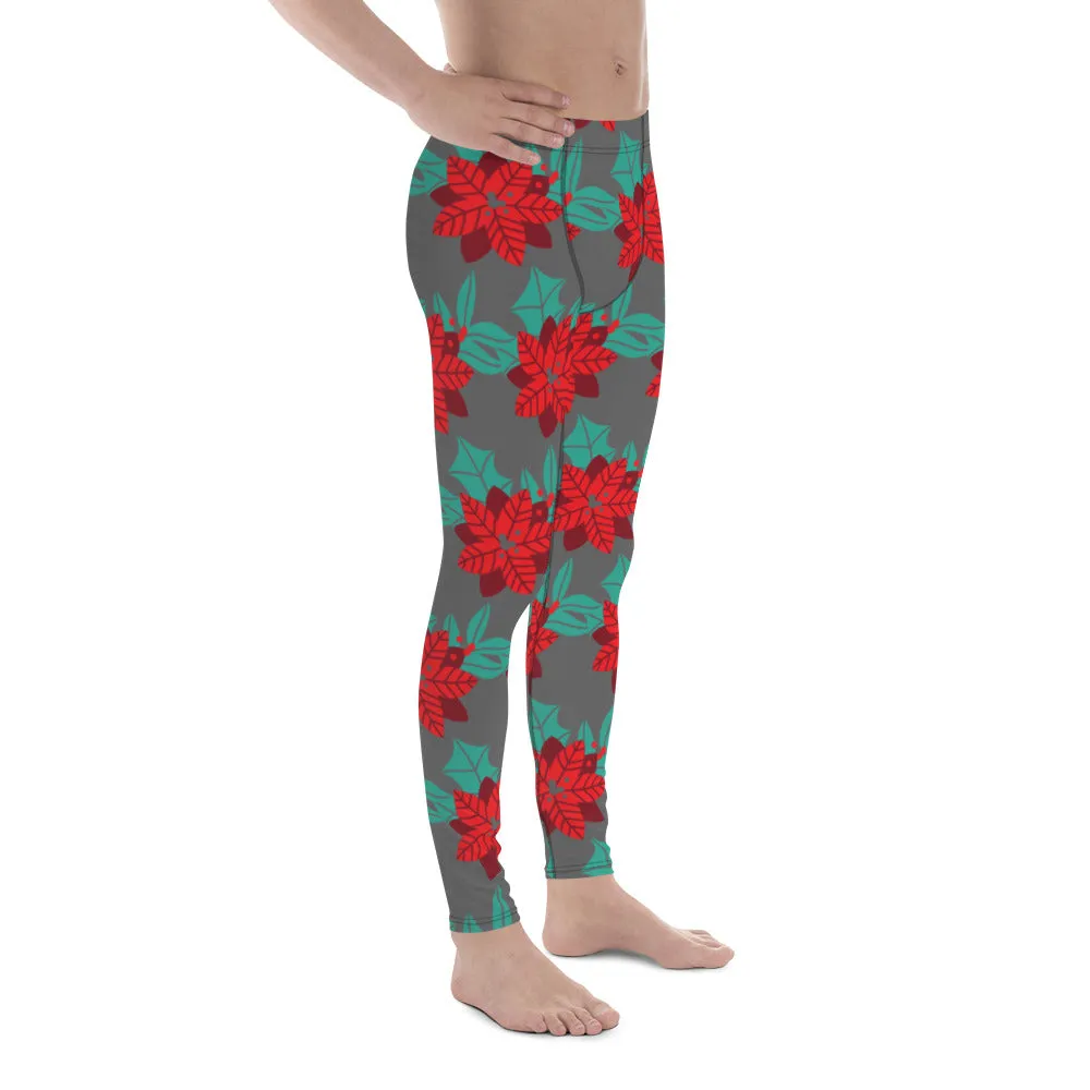 Grey Christmas Floral Men's Leggings, Grey & Red Xmas Flower Best Designer Men's Leggings-Made in USA/MX/EU