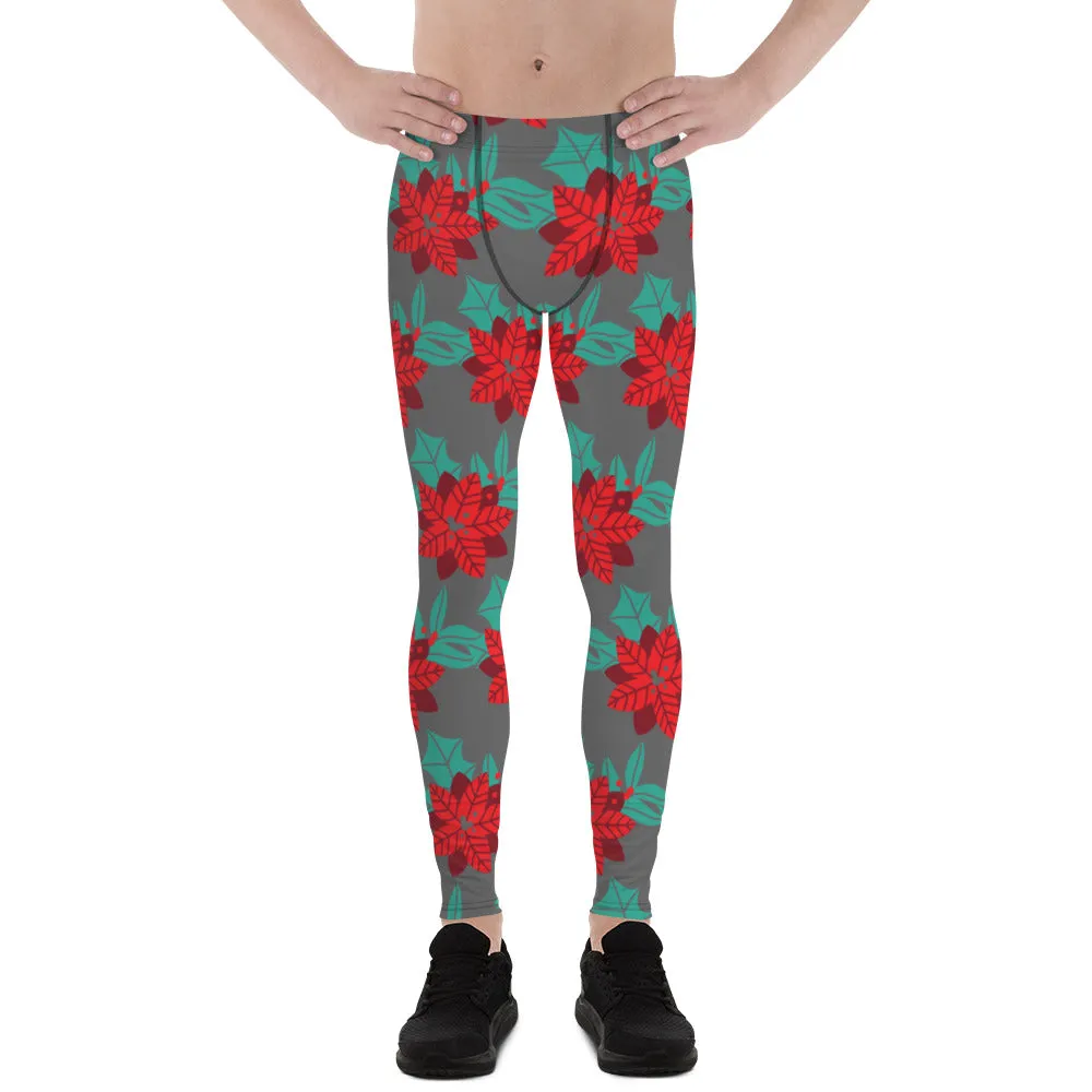 Grey Christmas Floral Men's Leggings, Grey & Red Xmas Flower Best Designer Men's Leggings-Made in USA/MX/EU