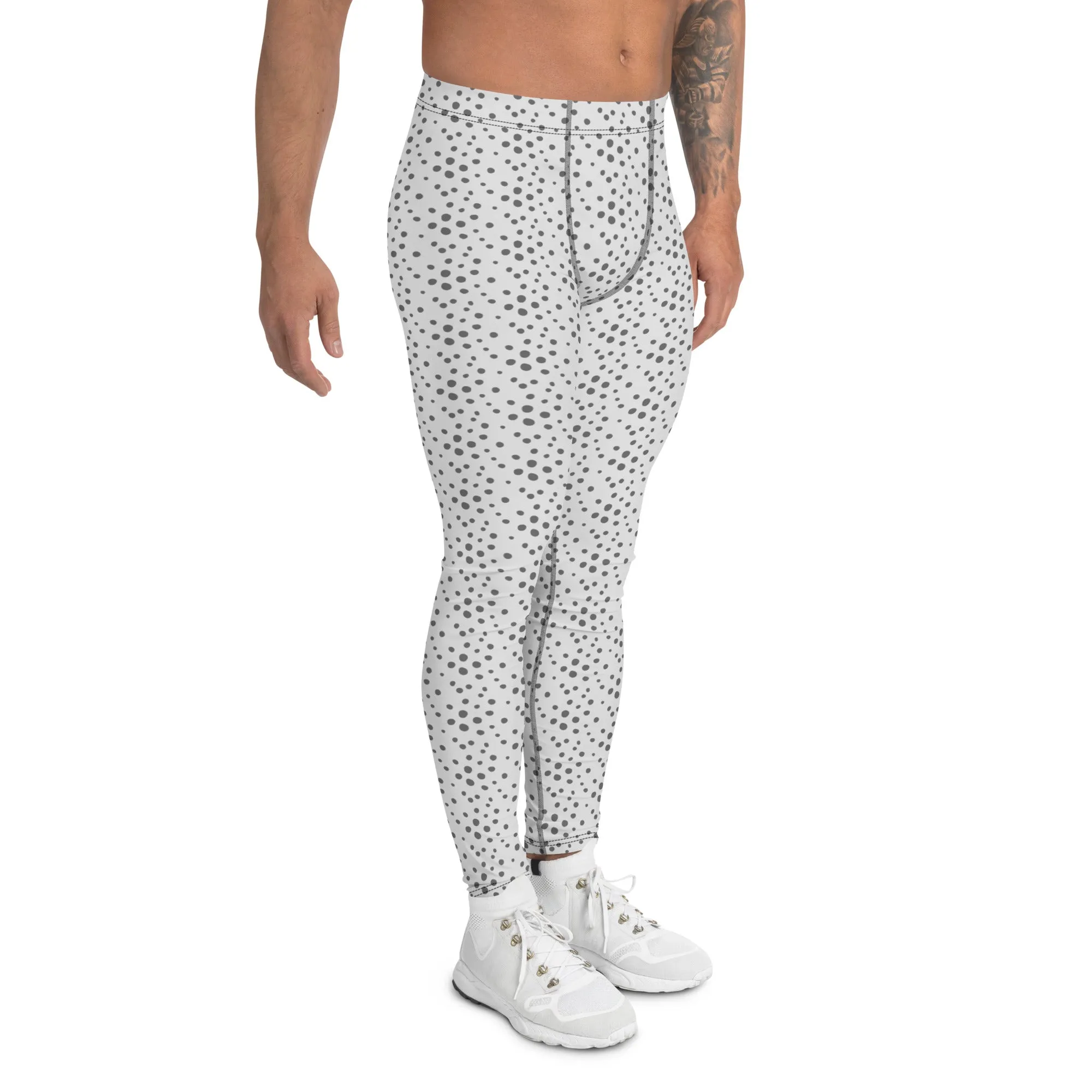 Grey Dotted Men's Leggings, Dots Pattern Designer Running Compression Tights For Men - Made in USA/EU/MX